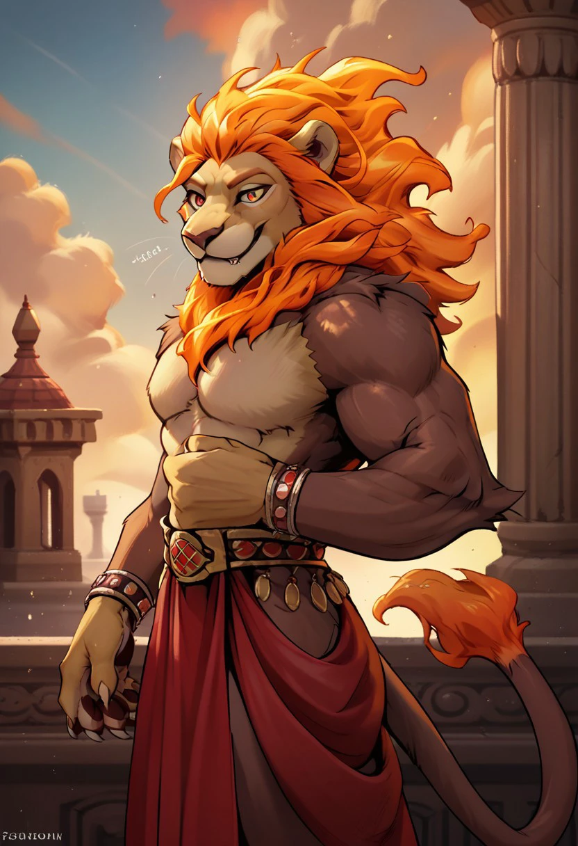 zetterburn, lion, furry, mane, brown fur, firey mane, firey hair, flame-tipped tail, male, masculine, score_9, score_8_up, score_7_up, score_6_up, score_5_up, score_4_up zPDXL, solo, light effects, (high quality:1), (realistic:1.2), good anatomy, muscular, solo, nice angle, (fullbody:1),  halfbody, standing, loincloth, holding fist to chest, ancient greece, standing on balcony, looking into distance, outdoors, sun, day, sky, smile, flaming fist