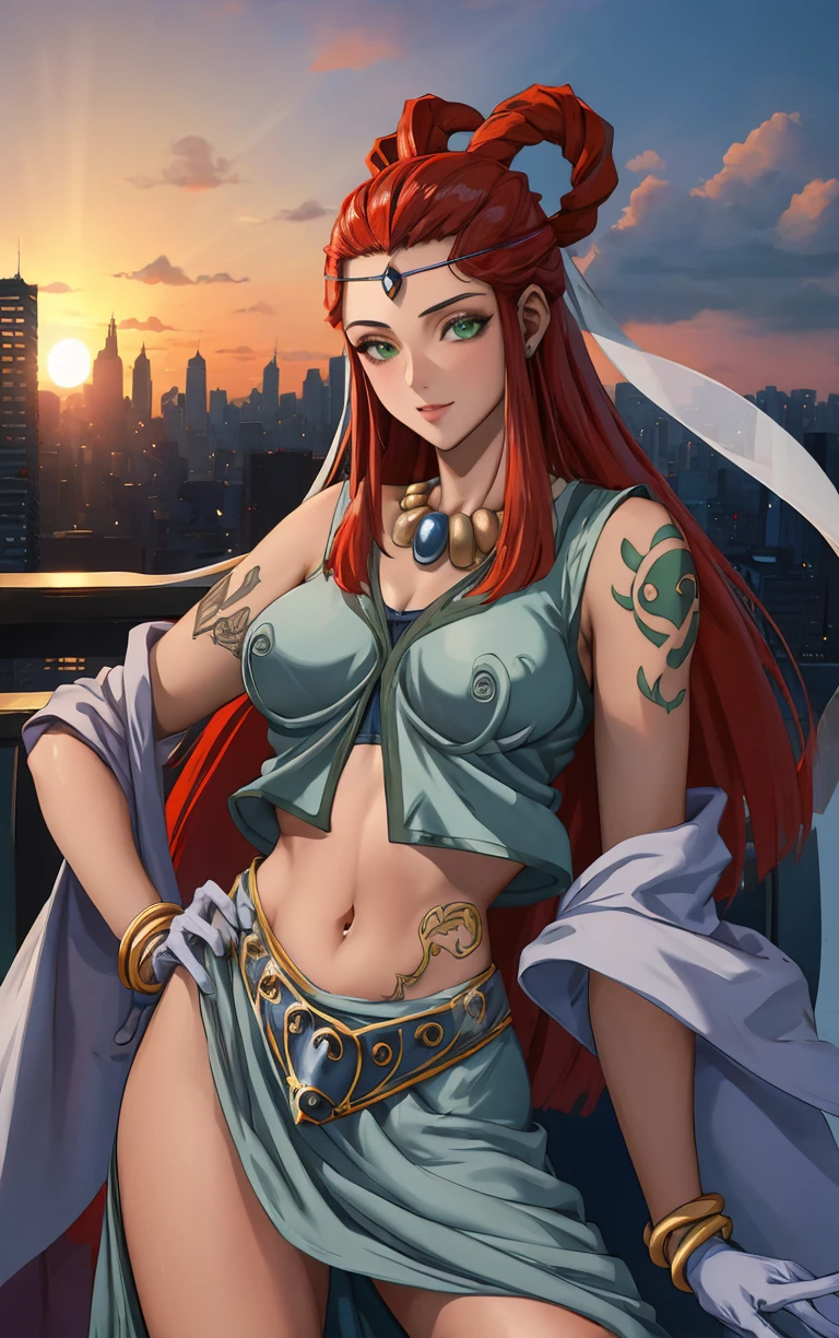 (masterpiece, best quality:1.4), insaneres, absurdres, solo, looking at viewer,BREAK 
GAME_YuGiOh_Otohime_ownwaifu, hagoromo, 
1girl, circlet, green eyes, hair pulled back, long hair, red hair, straight hair, hair rings, braid, necklace, tattoo, hair ornament, medium breasts, multiple braids,
belt, crop top, elbow gloves, gem, gold trim, jewelry, midriff, navel, ornate clothes, purple gloves, revealing clothes, sleeveless shirt, bracelet, skirt, center opening, bare shoulders, dress,
(contrapposto, hand on hip), sunset, sidelighting, cityscape, outdoors, <lora:GAME_YuGiOh_Otohime_ownwaifu:1> , depth of field, solo,