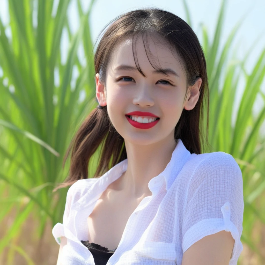 1girl, blue sky, day, lips, looking at viewer, outdoors, realistic, red lips, shirt, short sleeves, sky, smile, solo, upper body