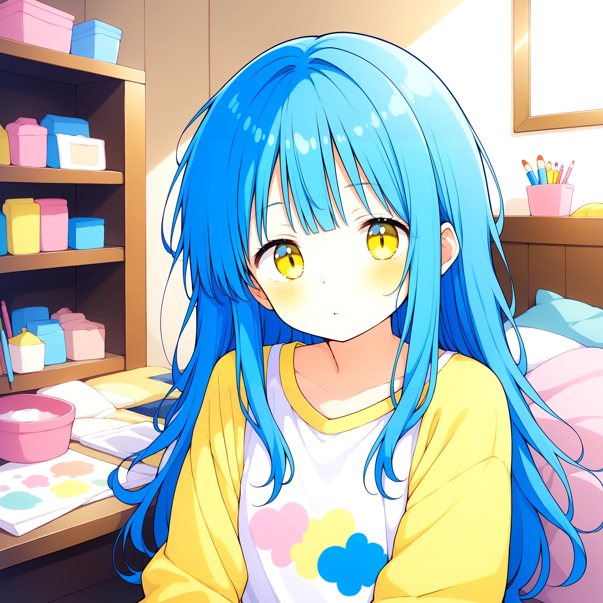 <lora:Gouache_SDXL_v2:0.7>, 1girl, long sleeves, blue hair, yellow eyes, messy room, pastel colors, Gouache