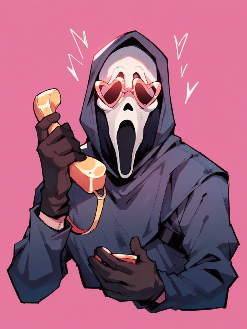 score_9, score_8_up, score_7_up, score_6_up, score_5_up,  <lora:GhostfaceXLP:1> ghostface, mask, solo, 1boy, hood, gloves, phone, pink background, heart glasses