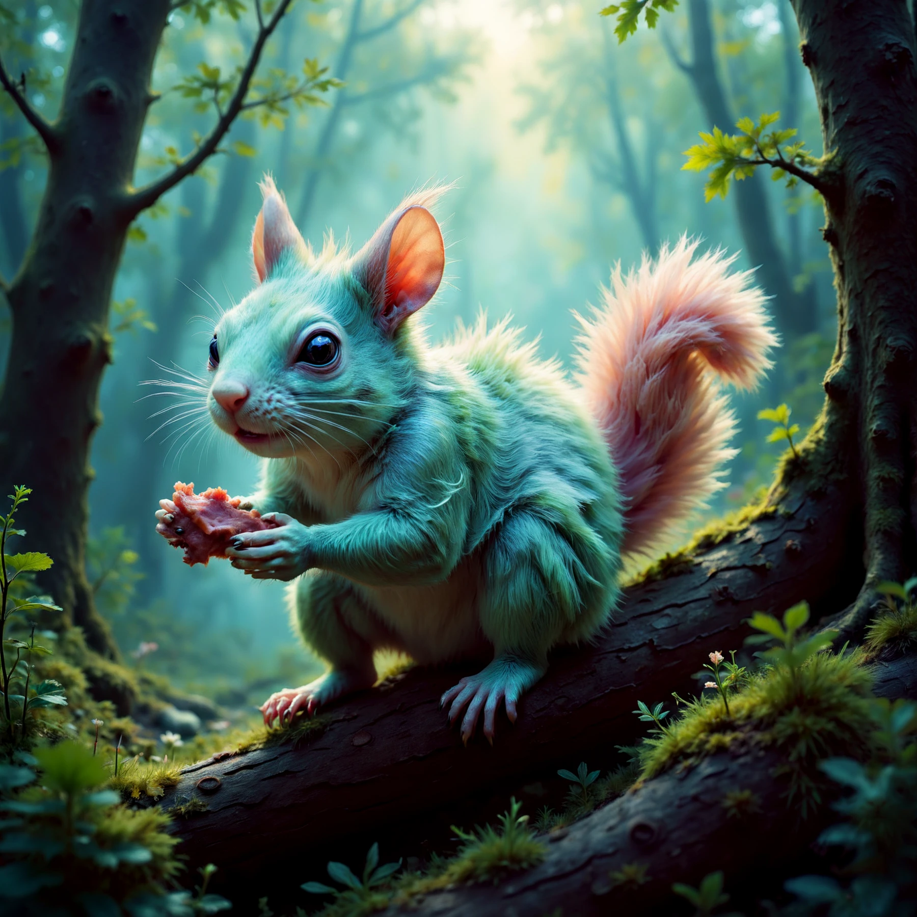 A twisted pastel alien squirrel creature, with pale green fur, sitting on the branch of a tree, chewing on a chunk of meat.

Fantasy dreamlike art.

<lora:FantasyPastel01-04_CE_SDXL_64x32x180x2bOT:0.9>
FntsyPstlCE style