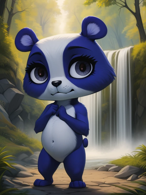 <lora:PennyLingLPSYif:1> PennyLingLPS, Panda, white purple fur, white belly, dark blue eyes,  ( chibi, small body,)
Looks at the viewer, [ solo, nature, forest, day, clouds, waterfall, ,] standing,
beautiful, aesthetic, perfect, delicate, intricate, saturated colors, masterpiece, digital drawing, best quality,
by Wildering, by Foxovh, by Disney