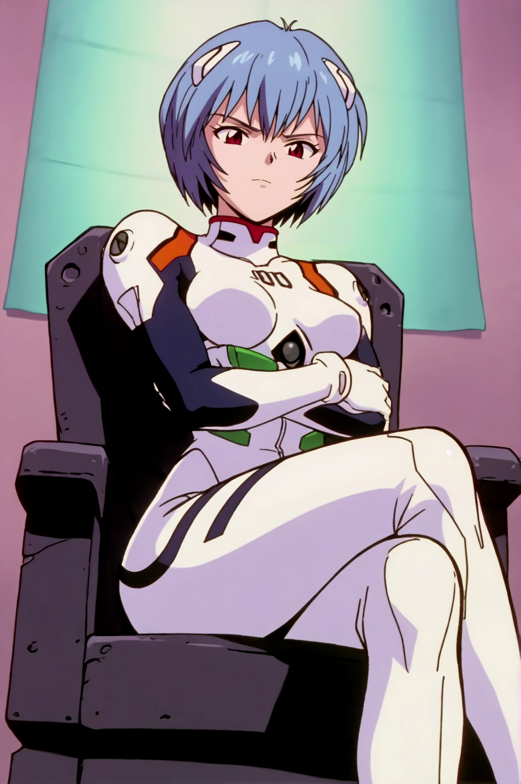 score_9, score_8_up, score_7_up,anime_source, source_anime, best background, detailed background, anime screencap,  Rei Ayanami, Eva Bodysuit, solo, indoors, sitting, throne chair, sitting, crossed legs, from below, crossed arms, tsundere, dynamic angle, naughty face, dynamic camera, dynamic pose,   <lora:JN_Rei_Ayanami:0.8>