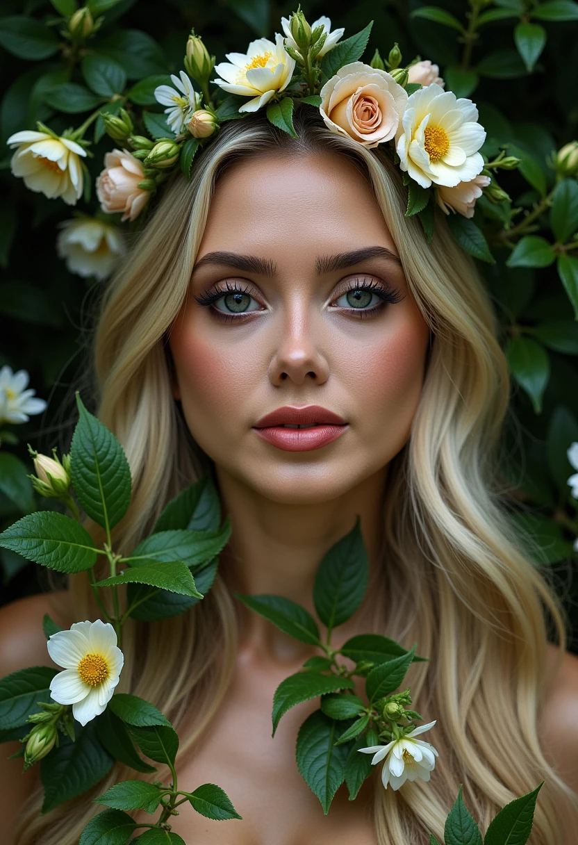 This is a highly detailed photograph depicting a close-up of a young woman's face surrounded by a lush, verdant forest. The woman has fair skin, with a scattering of freckles across her nose and cheeks, and striking eyes that gaze directly at the viewer. Her long, blonde hair cascades down her shoulders, blending seamlessly into the foliage around her.

Her face is adorned with a mixture of flowers and greenery, with petals and leaves intricately arranged to cover her neck and shoulders. The flowers range in color from white to pale pink and yellow, adding a natural, organic feel to the composition. The greenery is vibrant and realistic, with leaves of various shapes and sizes, creating a sense of depth and texture.

The background is a dense forest scene, with dark green leaves and flowers in various stages of bloom, creating a rich, textured backdrop that contrasts with the woman's pale skin. The lighting is soft and diffused, casting subtle shadows that enhance the contours of her face and the details of the flora. The overall mood is serene and ethereal, evoking a sense of connection with nature. M4RL1