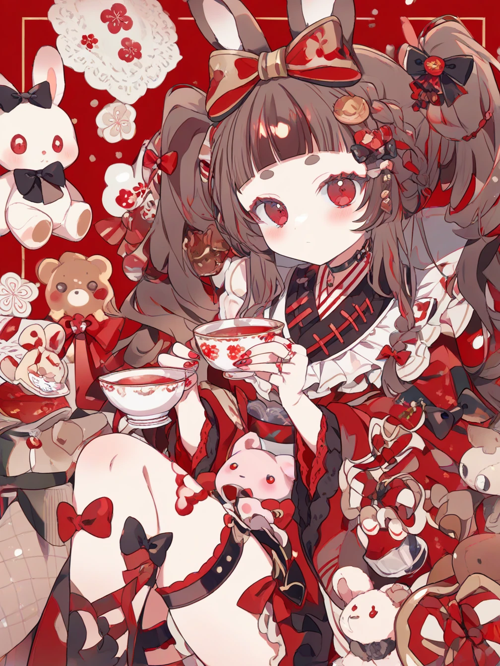 1girl,red eyes,holding,solo,animal ears,cup,red nails,brown hair,long hair,bow,braid,holding cup,looking at viewer,red kimono,japanese clothes,hair bow,stuffed toy,teacup,red background,hair ornament,kimono,black bow,stuffed animal,twintails,thick eyebrows,sitting,skirt,red theme,stuffed rabbit,nail polish,thigh strap,closed mouth,saucer,blush,blunt bangs,food-themed hair ornament,red bow,single thighhigh,
portrait,<lora:ill-xl-01-yume335_1-000036:1>,