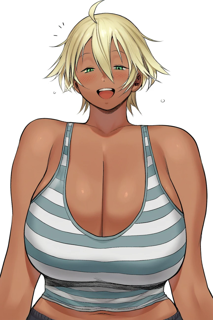 score_9, score_8_up, score_7_up, score_6_up, score_5_up, score_4_up, BREAK <lora:eiden1013a-sdxl-000024:1>, 1girl, solo, breasts, looking at viewer, blush, smile, short hair, open mouth, bangs, blonde hair, simple background, white background, navel, cleavage, hair between eyes, bare shoulders, green eyes, collarbone, upper body, ahoge, :d, very dark skin, half-closed eyes, huge breasts, dark-skinned female, v, striped tank top