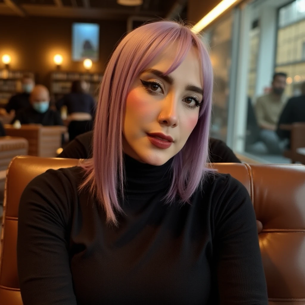 1girl, realistic 4k face portrait of mumusi with blonde hair, purple hair, wearing turtle neck tight dress, sitting at a cafe looking at viewer