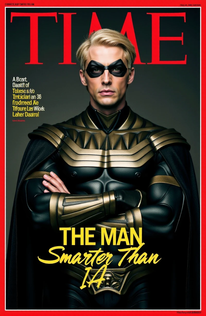 Ozymandias, a man with short blond hair and sideheadornament and a black mask in a suit with a cape. He is posing on the cover of the time magazine with the text "The man smarter than IA" <lora:Ozymandias:0.9>