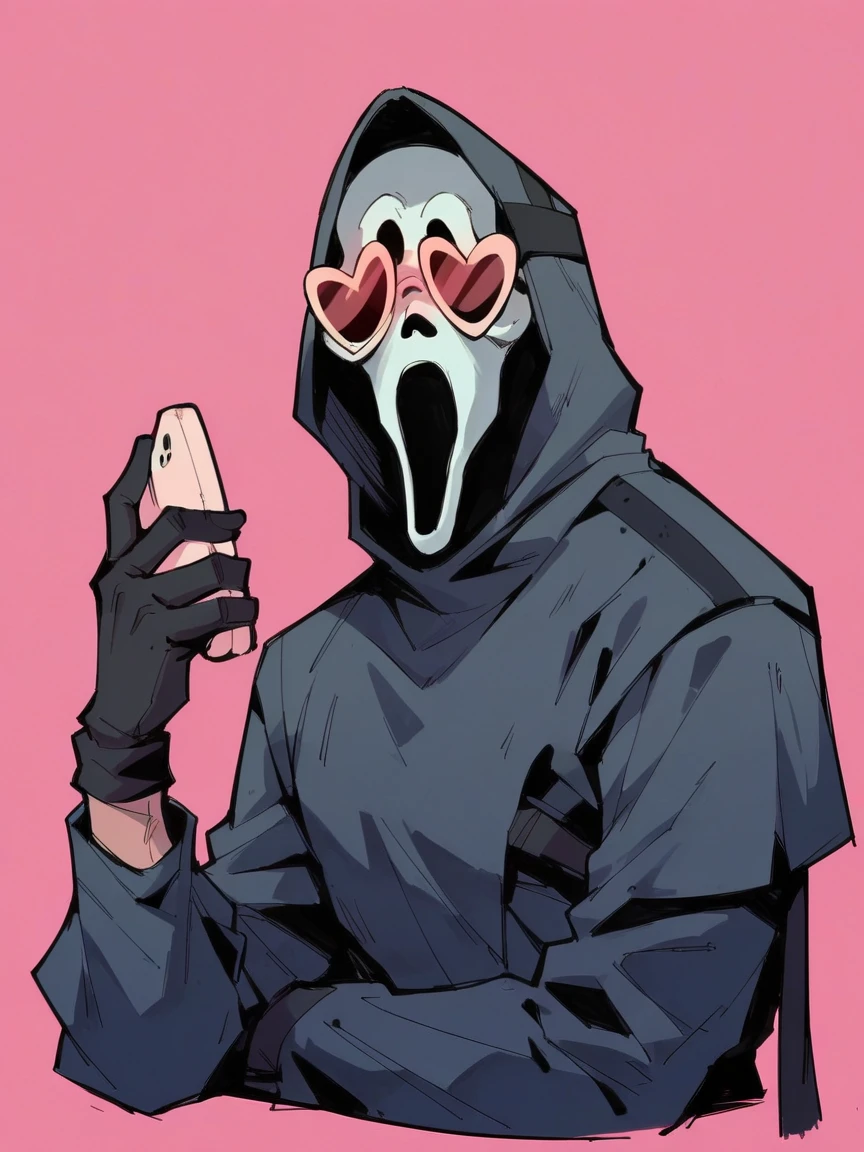 score_9, score_8_up, score_7_up, score_6_up, score_5_up,  <lora:GhostfaceXLP:1> ghostface, mask, solo, 1boy, hood, gloves, old phone, pink background, heart glasses