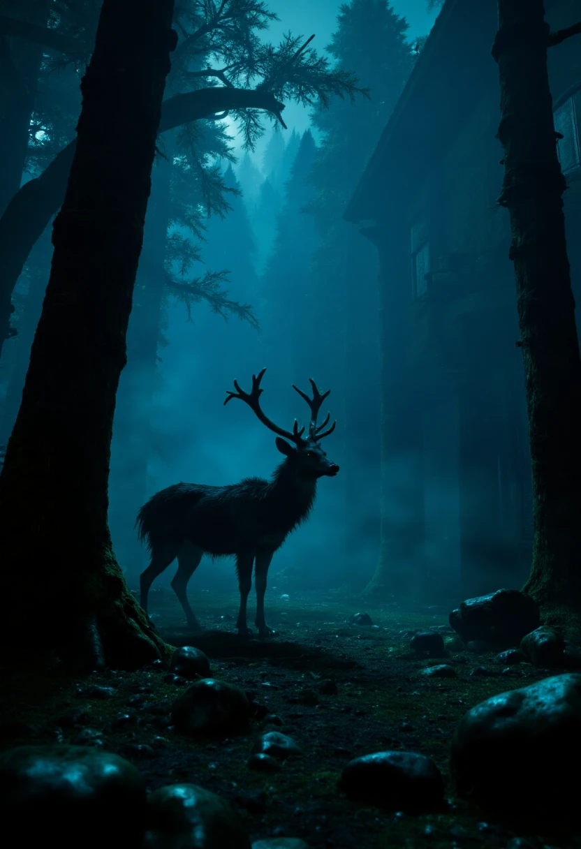 <lora:KFT_Horror_Style_FLUX:0.9>
horror theme, dark, 
 a deer in a forest