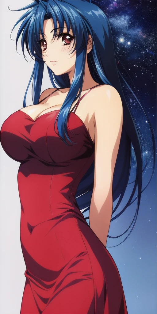 <lora:ChidoriV2:0.7> kaname_chidori_low-tied_long_hair, huge_breasts, standing, solo, arms_behind_back, starry_sky, red_hair_bow, pencil_dress, masterpiece, best_quality, detailed_face, detailed_eyes, highres, beautiful, detailed, absurdres,