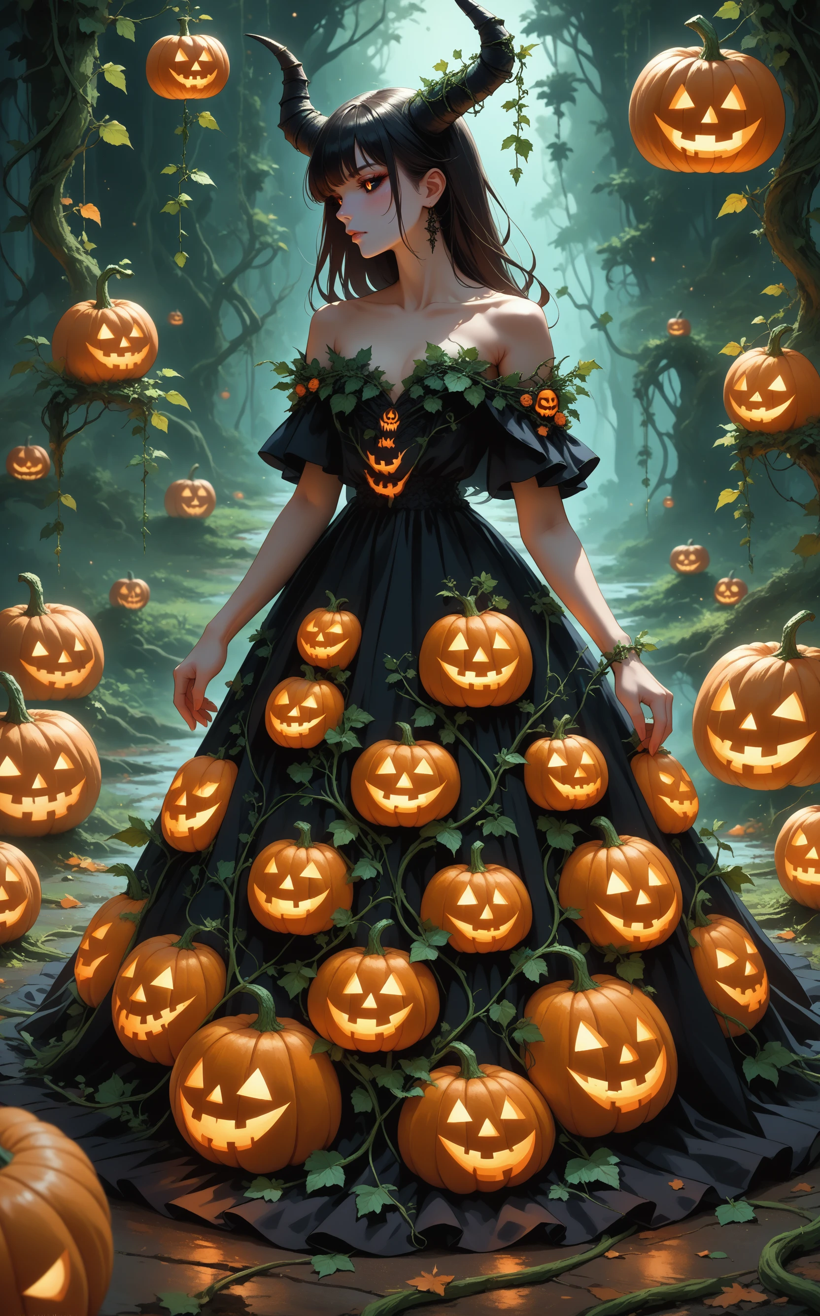 score_9, score_8_up, score_7_up, source_anime, <lora:wrenchHauntedHarvestGown:0.85>, wrnchhhg, bare shoulders, halloween, pumpkin, jack-o'-lantern dress, off-shoulder dress, strapless dress, vines, moss, 
female, demon, caprine horn, black skin, black dress, jewelry, off shoulder, bangs, long hair, black sclera, profile,