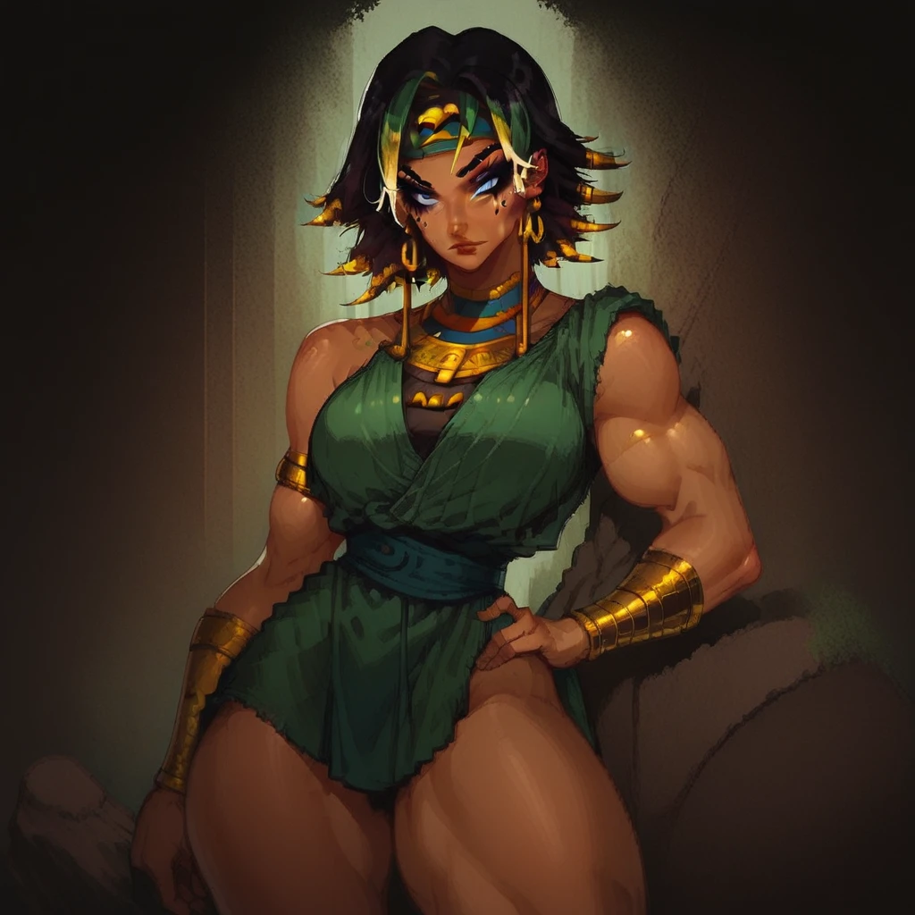 score_9, score_8_up, score_7_up, portrait, beautiful, <lora::NinhDeathmustdieV21> NinhDeathmustdie, Ninhearthgoddes, dark skinned female, egyptian, egyptian women, multi colored hair, muscular, muscular female, thick thighs, blue eyes, egyptian makeup, makeup, eyeshadow, green toga, 1 girl, solo headband, multicolored hair, earrings, short hair