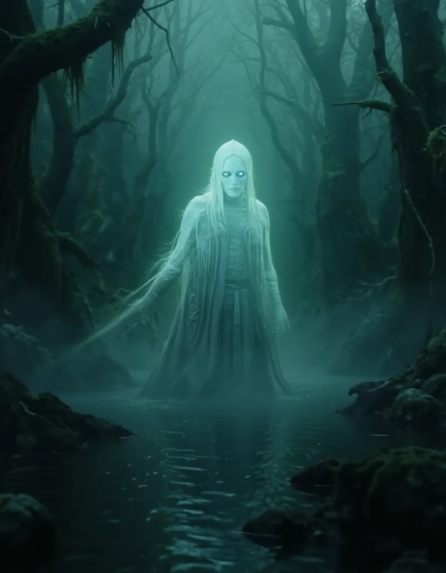 A ghostly figure drifts through a dark, eerie swamp, its translucent form barely visible in the thick, swirling mist. The ghost's tattered, flowing robes trail behind it, moving silently over the murky waters. Hollow eyes glow faintly, casting a dim, unsettling light over the twisted, gnarled trees and hanging moss that surround the figure. The swamp is shrouded in shadow, with faint ripples in the black water and the distant croak of unseen creatures adding to the haunting atmosphere. As the ghost glides through the mist, the soft glow of its form contrasts with the oppressive darkness of the swamp, making its presence both haunting and otherworldly in the desolate, forgotten landscape <lora:lotrghost_v1:0.9>