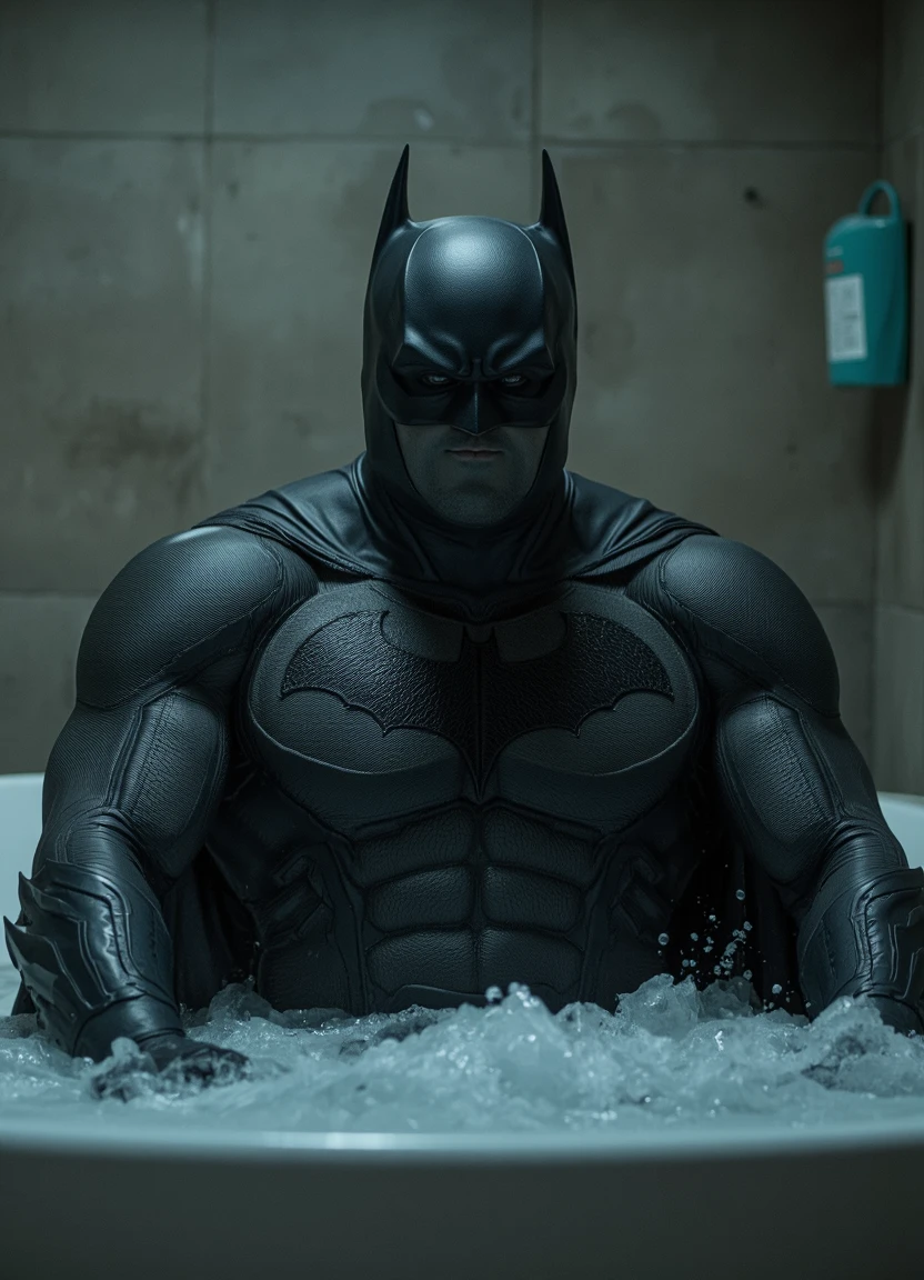 cinematic scene from an action movie, a smallfaced closeup of Batman sitting in a bath tub. Batman is wearing a batsuit that is soaked wet. Tiny face on a giant head
