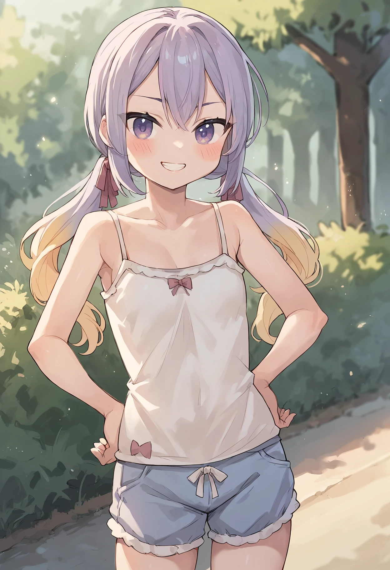 score_9, score_8_up, score_7_up
1girl, standing, outdoors, looking at viewer, grin, blush, hands on hips
<lora:Hanamori-Natsumi-m4-000005:1>
Hanamori-Natsumi
purple hair, gradient twintails, camisole, shorts