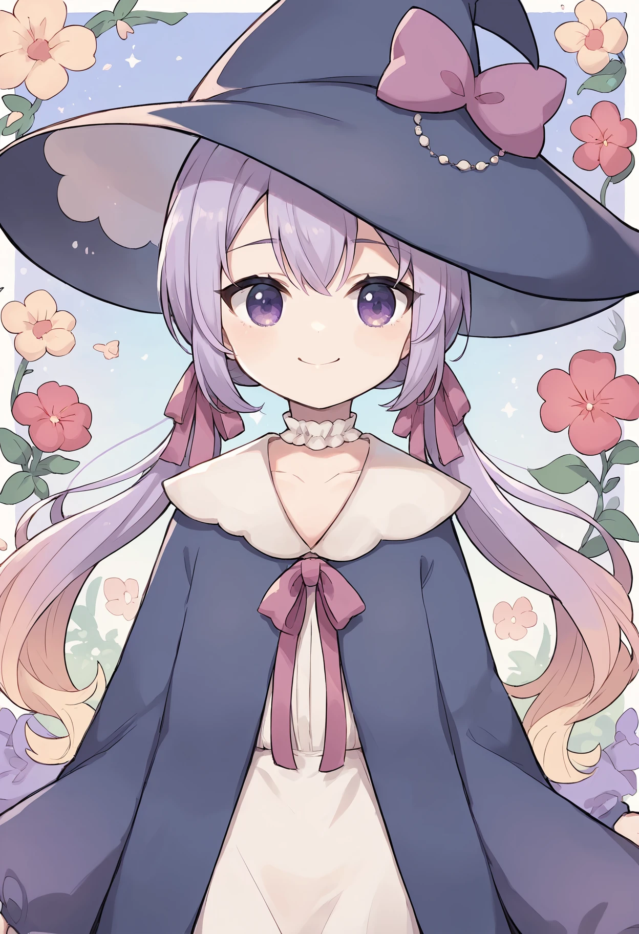 score_9, score_8_up, score_7_up
1girl, standing, flower background, looking at viewer, smile
<lora:Hanamori-Natsumi-m4-000005:0.8>
Hanamori-Natsumi, natsudef
purple hair, gradient twintails, witch hat, hat bow, purple cloak, white dress, choker, neck ribbon, hair ribbon, sleeve bow