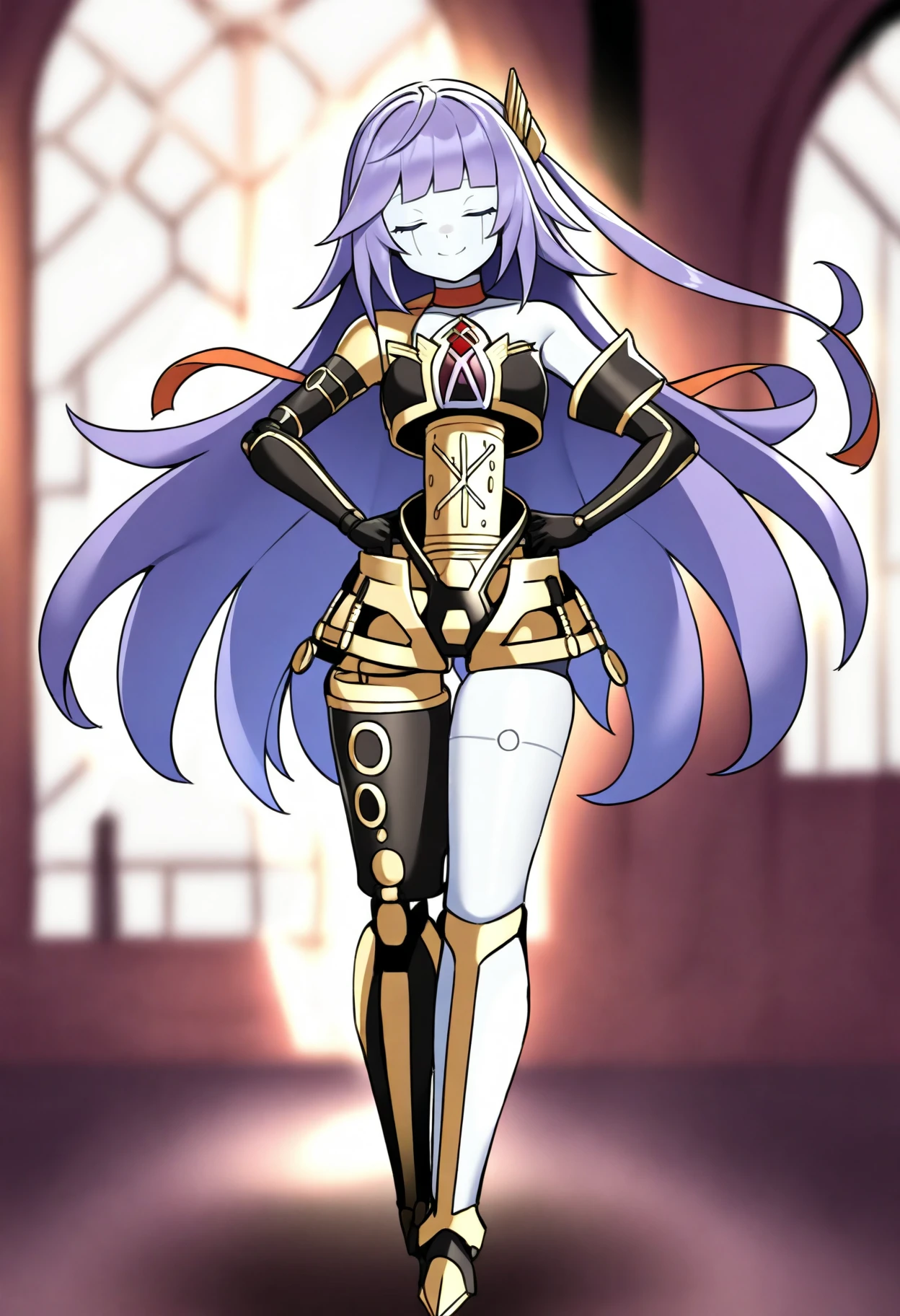 best quality, amazing quality, very aesthetic, absurdres,
1girl, orcustgalatea, purple hair, long hair, android, closed eyes, 
doll joints, duel monster, elbow gloves, joints, robot, robot joints, smile, hands on hips, full body, solo, mechanical church background      <lora:OrcustGalateaIllustriousXL_byKonan:1>