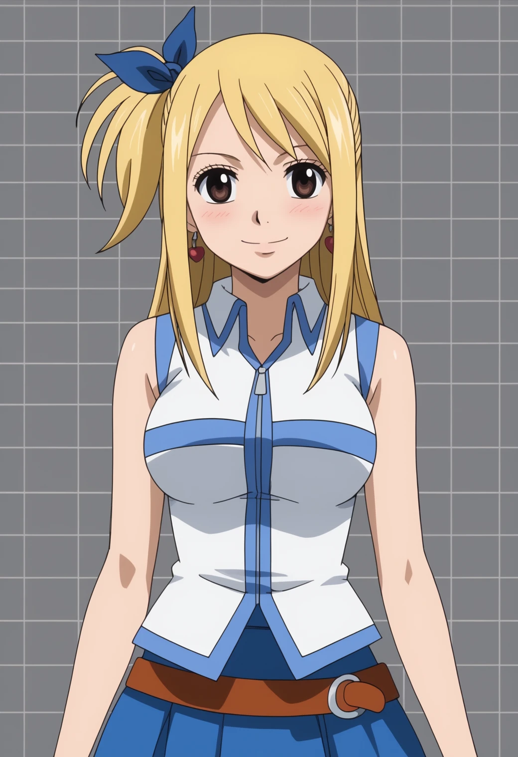 score_9, score_8_up, score_7_up, anime screencap, BREAK, 1girl, solo,   <lora:DX888Lucy:1> lucy heartfilia, brown eyes, one side up, blue ribbon, sleveless shirt,  skirt, earrings, BREAK smile, blush, Holding hands out, palms facing up dark gray background, simple background, grid background,