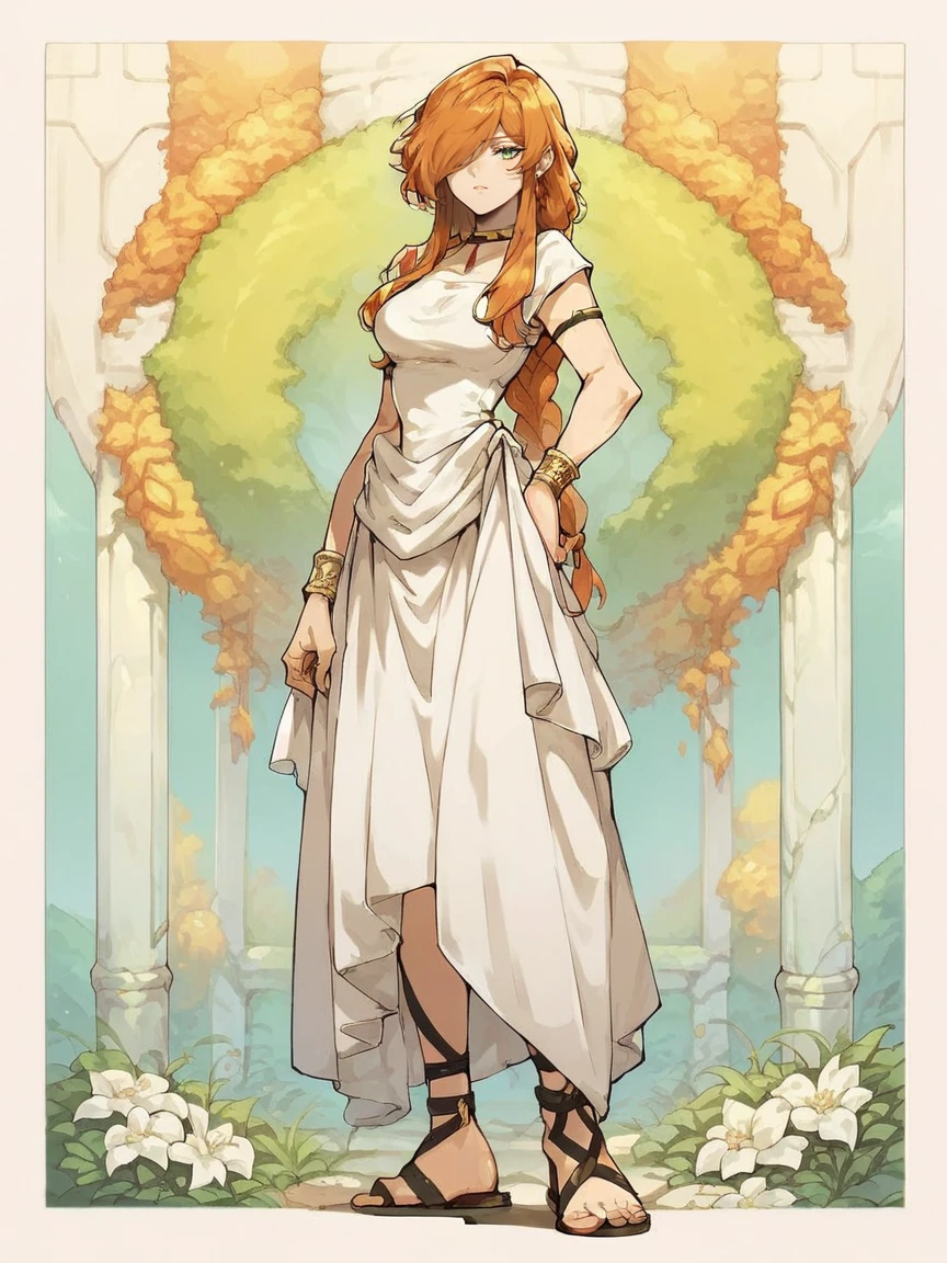 score_9, score_8_up, score_7_up, score_6_up, score_5_up, <lora:flammeXLP:1> flamme, 1girl, long hair, solo, braid, orange hair, hair over one eye, white dress, choker, sandals, green eyes, bracelet,