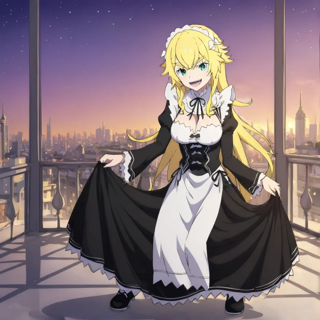 <lora:Frederica:1>, frederica, pale gold hair, green eyes, has a muscular build, a mouth, sharp fangs, maid outfit, large breasts, black shoes, cute face, long hair, solo, in a city, full body, looking at viewer