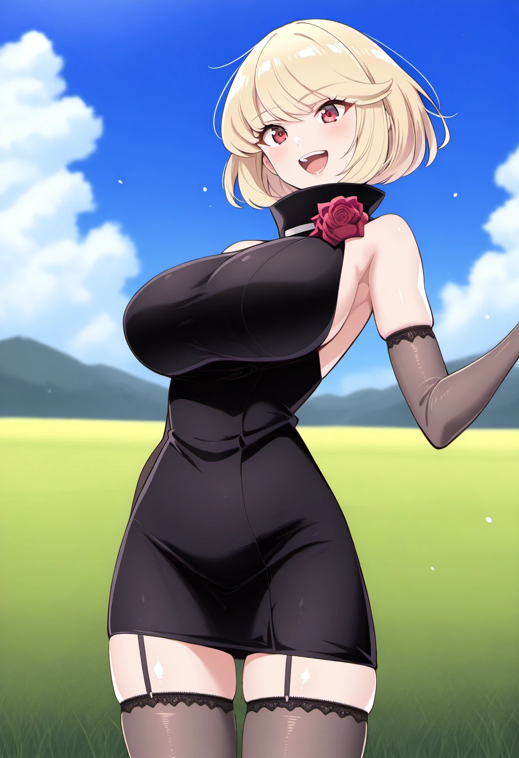 1girl, solo, smile, open mouth, field, blue sky, cowboy shot, large breasts, dynamic pose,
humandebby, red eyes, blonde hair, short hair, black dress, tube dress, short dress, sleeveless, bare shoulders, elbow gloves, garter straps, thighhighs, <lora:debby_the_corsifa_illustrious_ver1:1>, masterpiece, best quality, ultra-detailed, very aesthetic, newest,