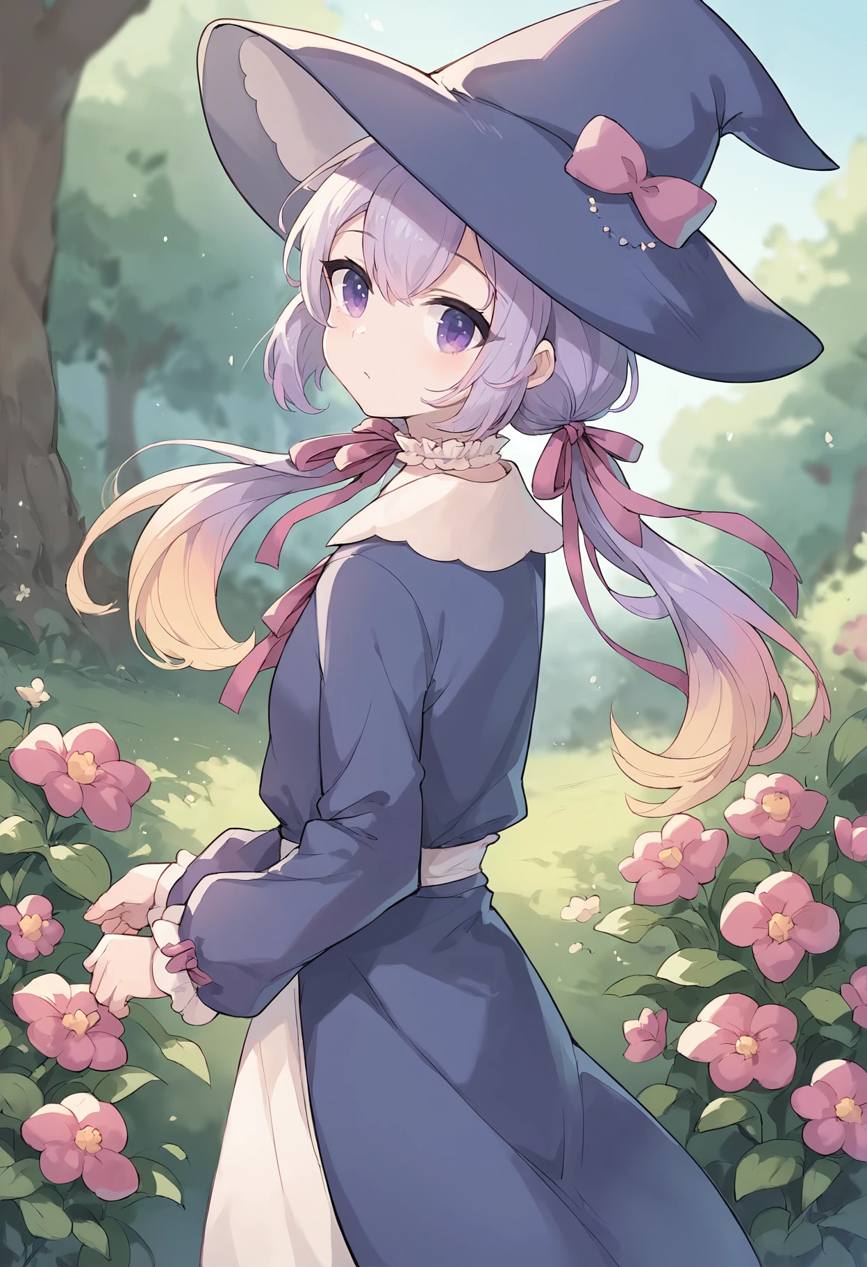 score_9, score_8_up, score_7_up
1girl, standing, outdoors, from side, looking back, flowers, nature
<lora:Hanamori-Natsumi-m4-000005:1>
Hanamori-Natsumi
purple hair, gradient twintails, witch hat, hat bow, purple cloak, white dress, choker, neck ribbon, hair ribbon, sleeve bow