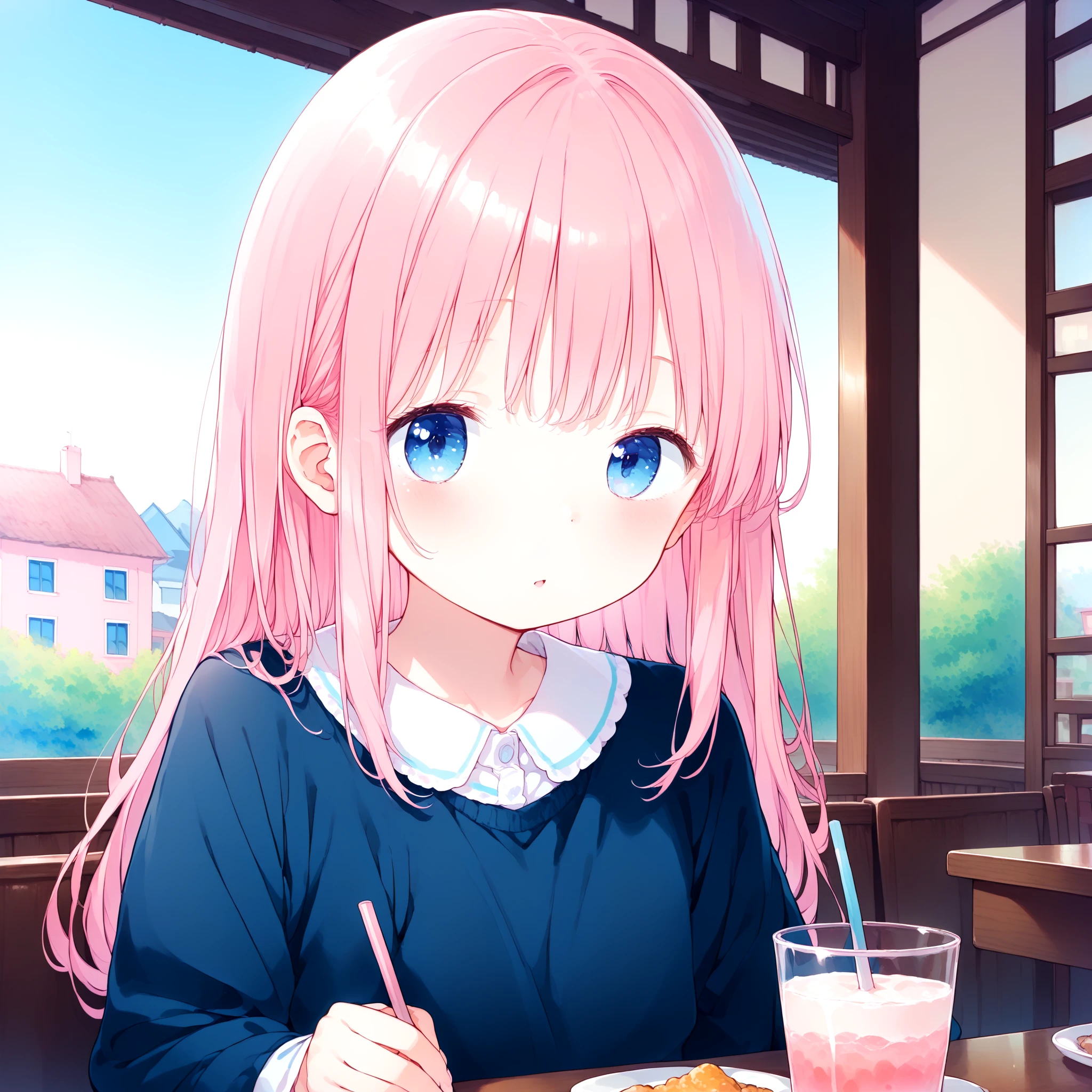 <lora:Gouache_SDXL_v2:1>, 1girl, long sleeves, pink hair, blue eyes, day, sky, restaurant, pastel colors, Gouache