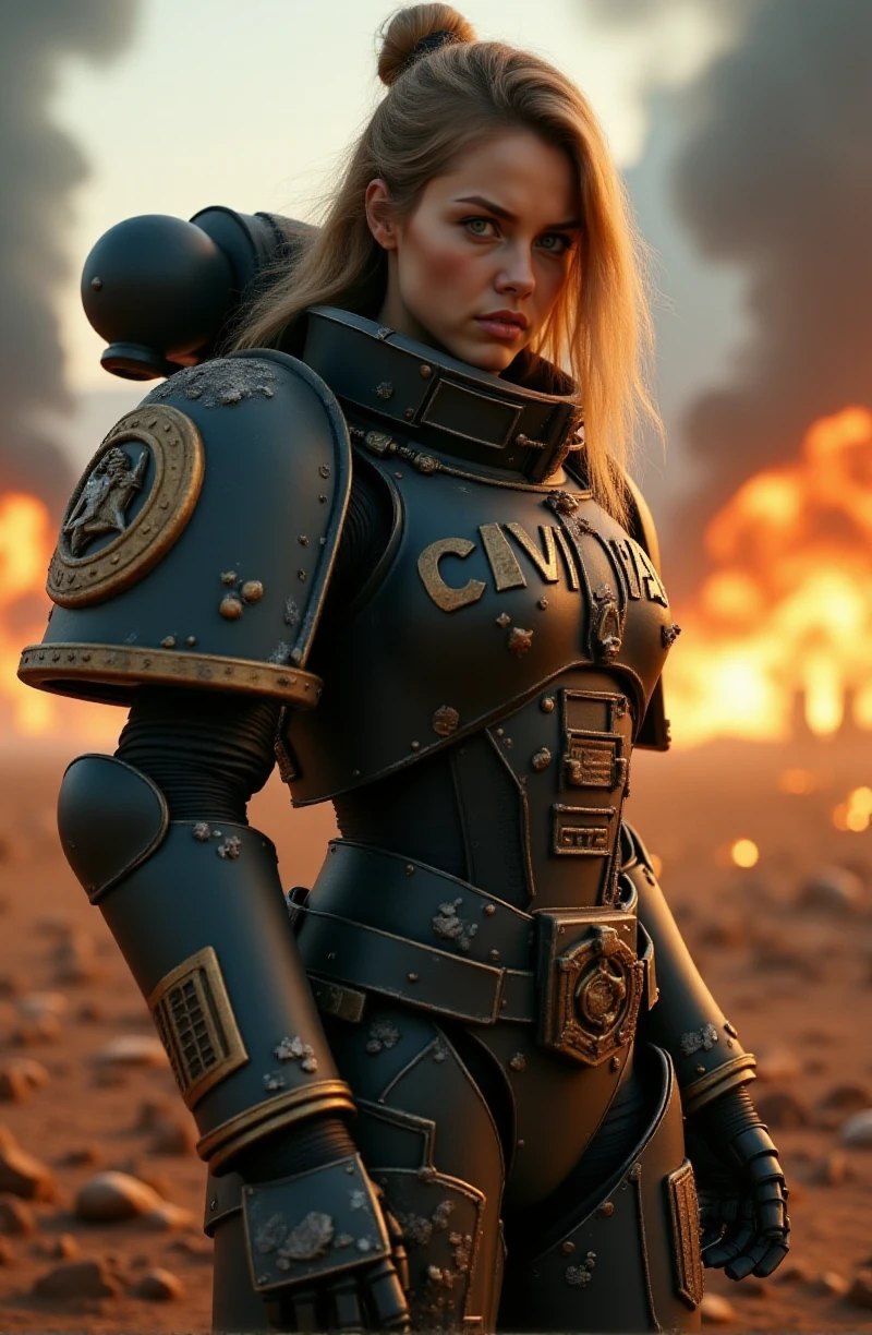 A full boy woman is a space marine. she wears an armor and has the text "CIVITAI" carved in his armor. she is in a battlefield. Explosions, fires and smoke <lora:Space_Marine:0.9>