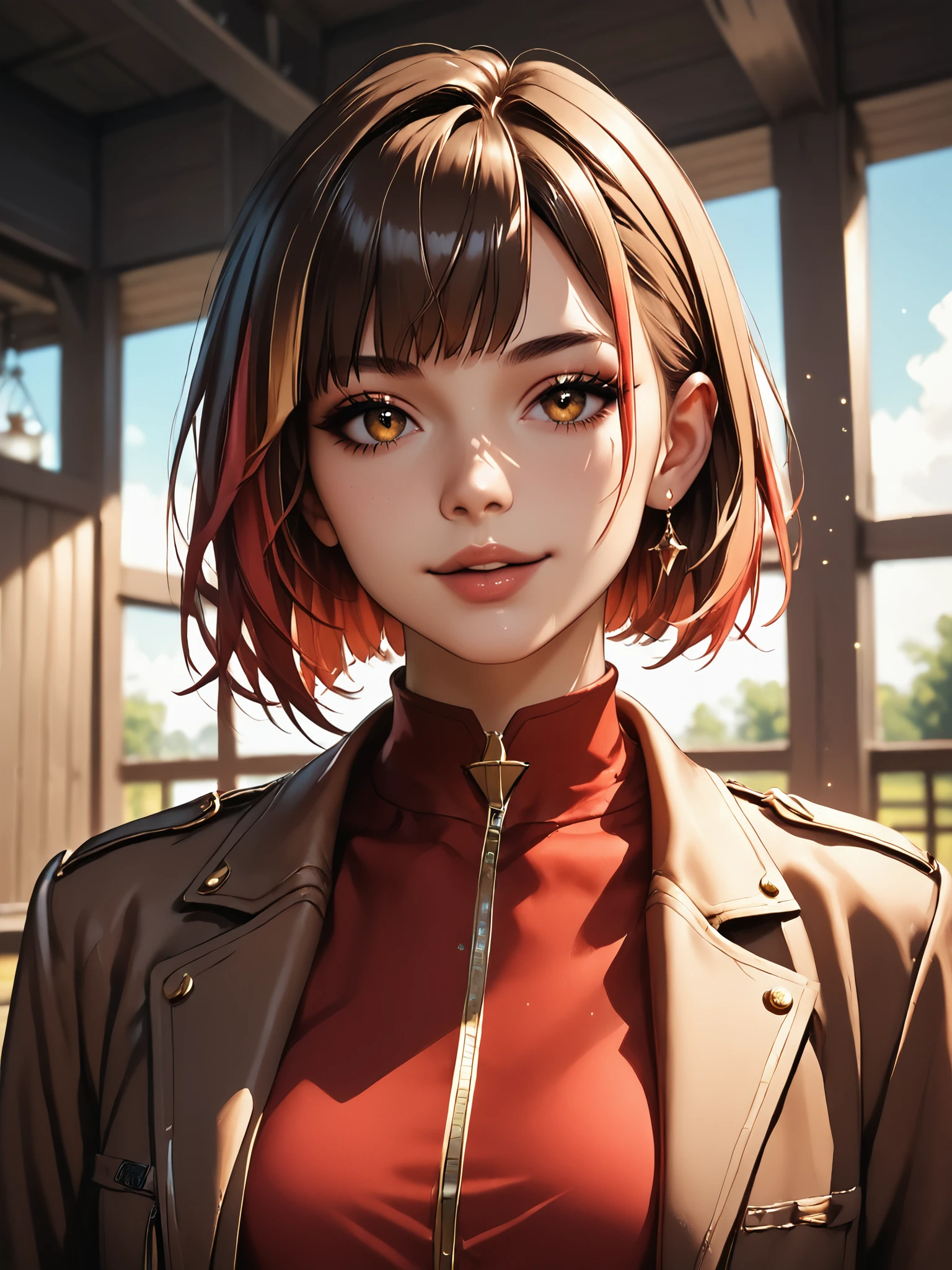 score_8_up, score_7_up, 1girl, bangs haircut, brown haircut,  intricate vintage brown jacket and red clothes, in an old farm, original pose, expressive face,  detailed face, detailed fabrics, detailed hair, perfect contrasts, vibrant color, flat colors, vivid lights, keep details in highlights,  keep details in shadows, <lora:Female-portrait-Illustration_ponyXL_LOREVER:0.8> femillustration