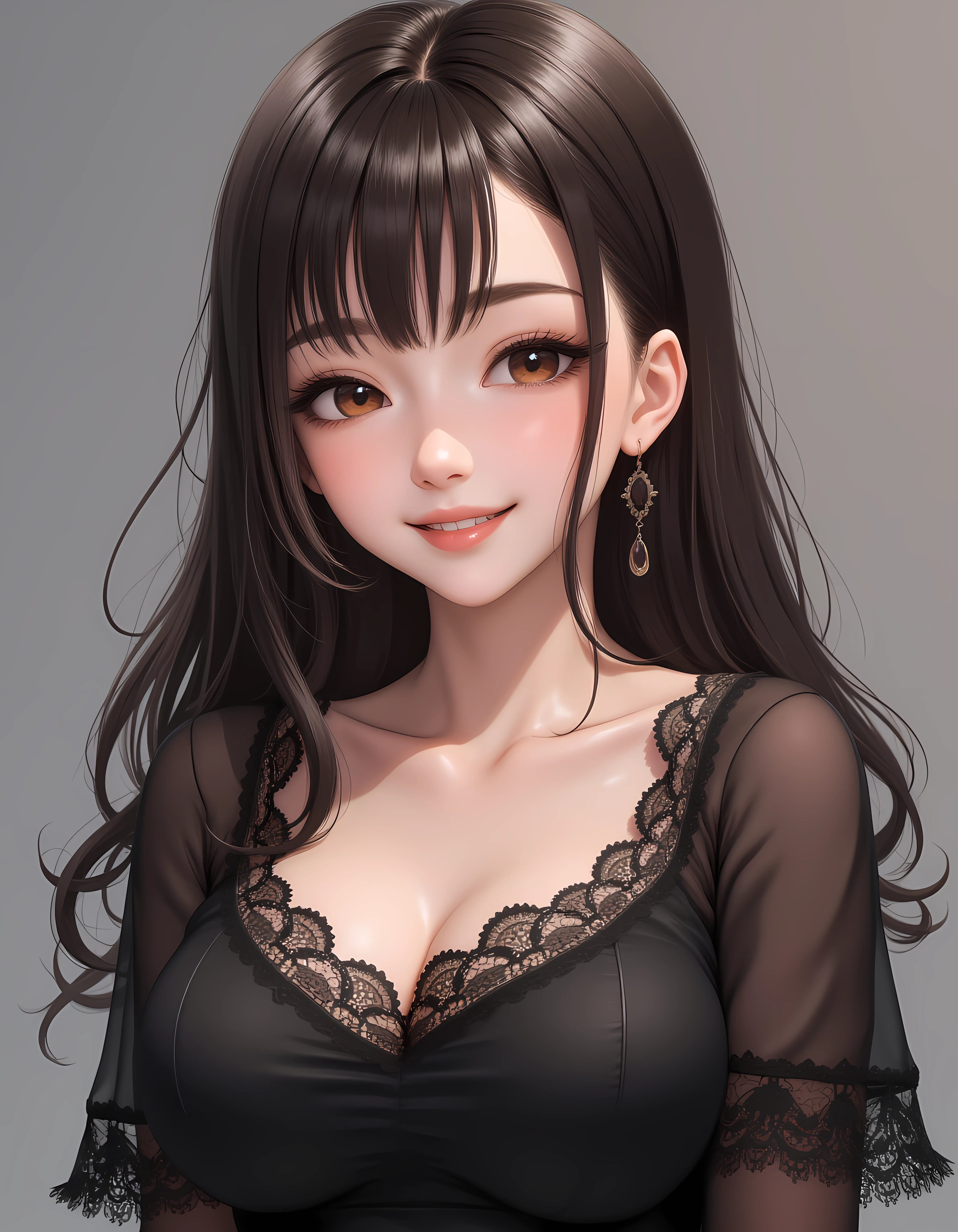 real anime style, head shot portrait photo of a beautiful 20yo woman, lacey black shirt, smiling <lora:beauty_standard5:0.85>