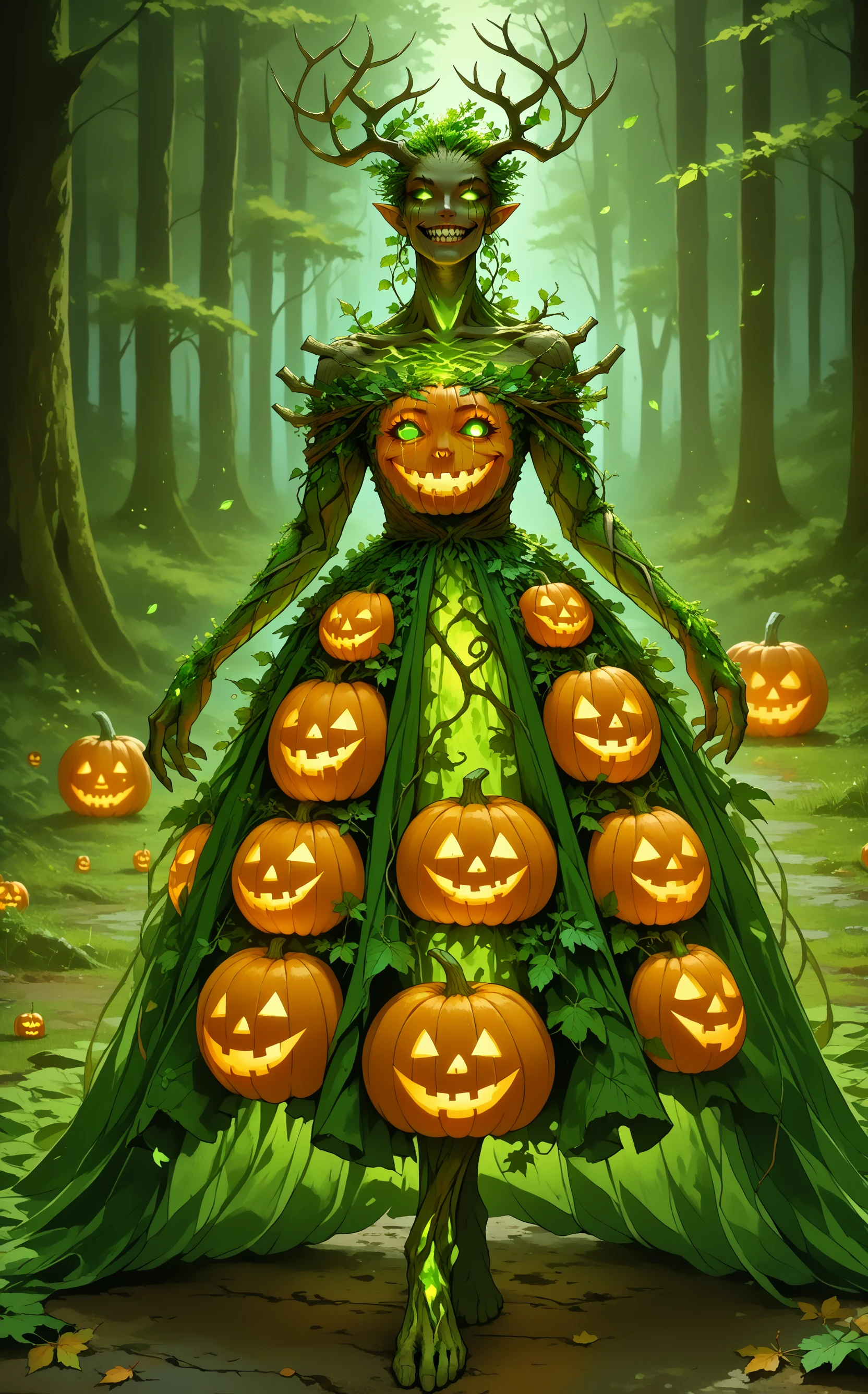 score_9, score_8_up, score_7_up, source_anime, <lora:wrenchHauntedHarvestGown:1>, wrnchhhg, bare shoulders, halloween, pumpkin, jack-o'-lantern dress, off-shoulder dress, strapless dress, 
<lora:sksprgn_pdxl_EliPot:0.8>, sksprg, moss, antlers, leaf, colored skin, glowing eyes, pointy ears, green sclera, no pupils, green eyes, wooden skin, dryad, floating leaves, 
<lora:SoloStatueGodGrin-closrem-v2:0.75>, solgo, sharp teeth, evil grin, black sclera, glowing eyes, full-length portrait,