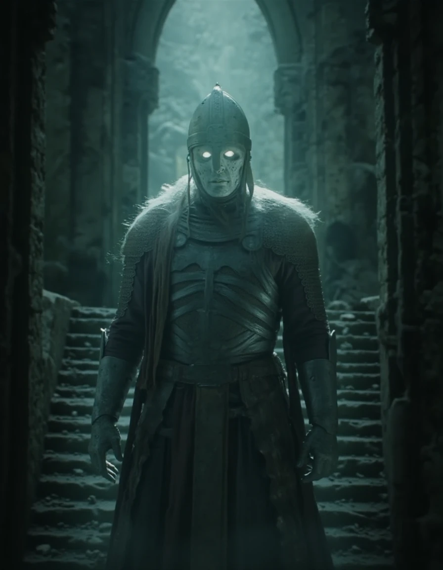 A ghostly figure in ancient armor hovers in a dimly lit room, its translucent form flickering with an ethereal glow. The armor, tarnished and weathered with time, clings to the spectral figure, with cracks and gaps revealing the misty, swirling essence within. The ghostâs hollow, glowing eyes peer out from beneath a dented helmet, casting an eerie light across the dark surroundings. Long, tattered remnants of a cloak drift weightlessly behind it as if caught in a perpetual wind. The armor's metal clinks faintly, echoing in the silence, while the ghost hovers silently, its presence both haunting and regal in the desolate space <lora:lotrghost_v1:1>