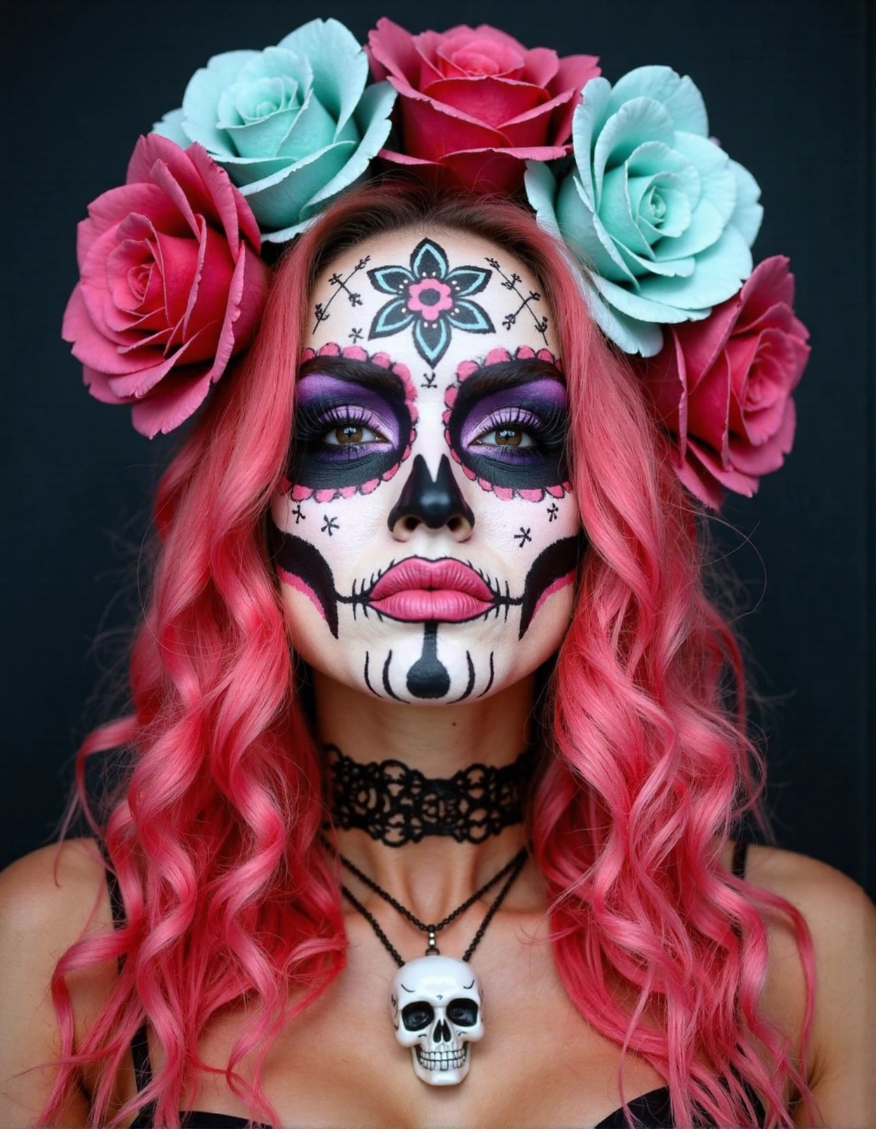 a high-resolution photograph of a d4lmakar woman with striking, vibrant makeup that resembles a sugar skull, a traditional Mexican Day of the Dead design. She has long, wavy, bright pink hair cascading over her shoulders. Her face is adorned with elaborate black and white face paint, featuring intricate patterns including a large, central flower with a heart in the middle, surrounded by smaller flowers and geometric shapes. Her eyes are accentuated with thick, black eyeliner and dramatic, purple eyeshadow, and her lips are painted a bold, bright pink. Her eyebrows are also painted black, adding to the dramatic effect.
She wears a choker necklace with a skull pendant, matching the theme of her makeup. Her head is adorned with a floral crown made of large, pink roses interspersed with teal flowers, which add a pop of color and contrast to her pink hair. The background is a solid, dark color, making her vibrant makeup and accessories stand out sharply. The overall style is highly stylized, reminiscent of a Halloween or Day of the Dead costume, with a focus on bold, contrasting colors and intricate, decorative patterns. The photograph captures the details of her makeup and accessories vividly, highlighting the artistic and festive nature of her look <lora:dalmakar:1>