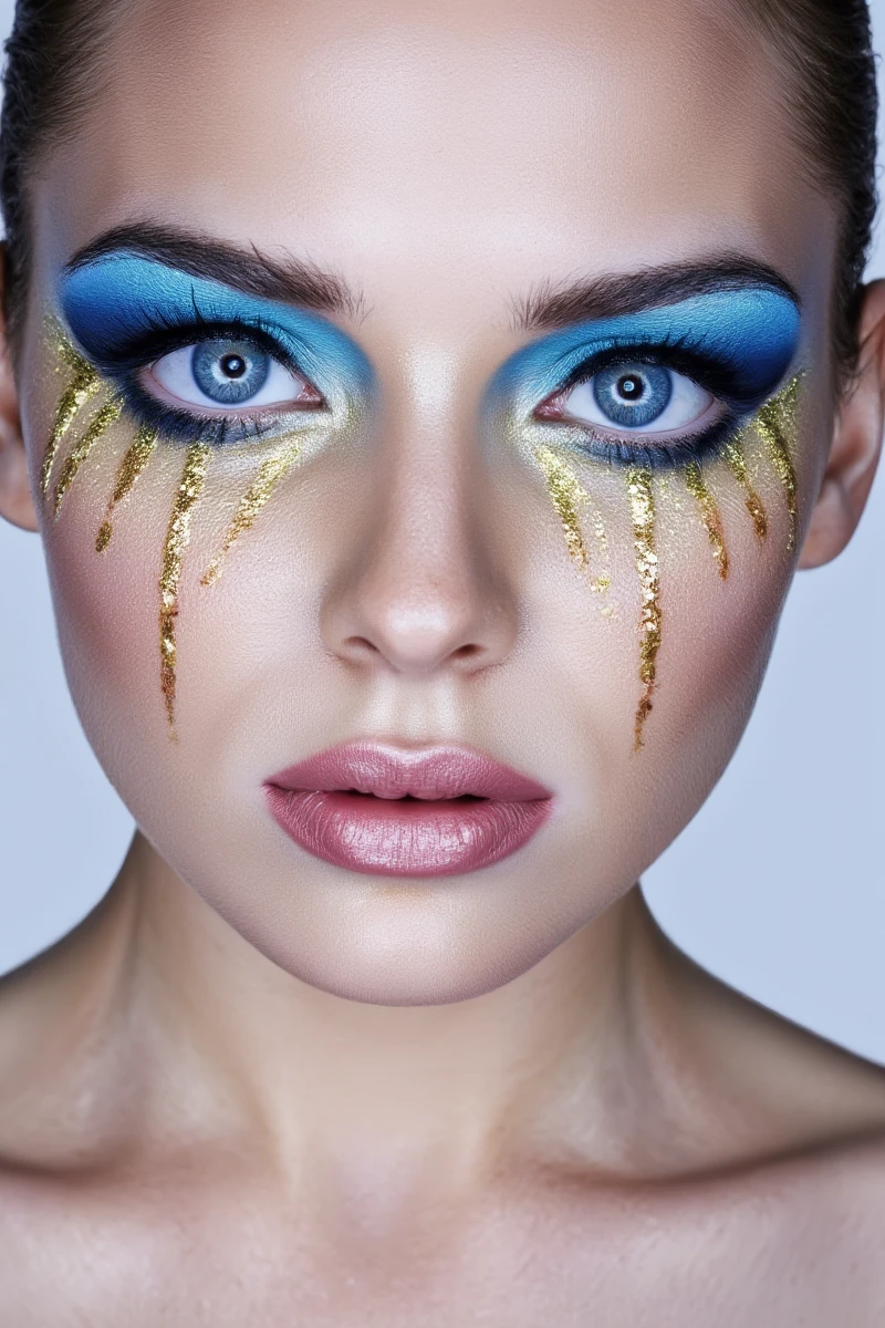 Photo of a woman's face with dramatic makeup, blue eyes, and a neutral expression. She has a light skin tone with a slight sheen. The makeup includes bright blue eyeshadow, dark eyeliner, and shimmering gold details that extend down her face. Her lips are a soft pink. The image is high quality, with a soft focus on the face.  <lora:makeup_art_FLUX_v1-000029:1>