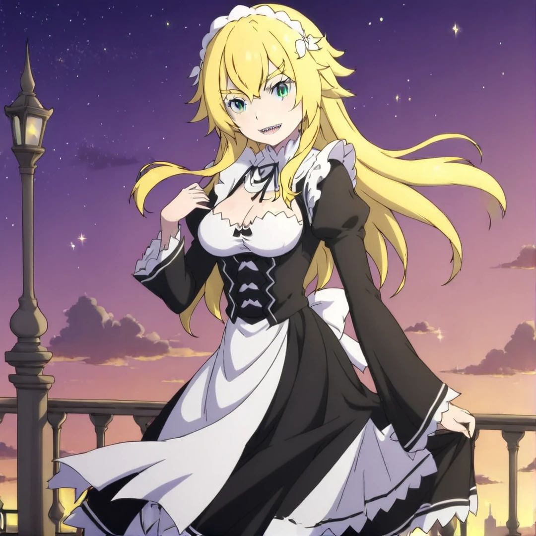 <lora:Frederica:1>, frederica, pale gold hair, green eyes, has a muscular build, a mouth, sharp fangs, maid outfit, large breasts, black shoes, cute face, long hair, solo, in a city, full body, looking at viewer