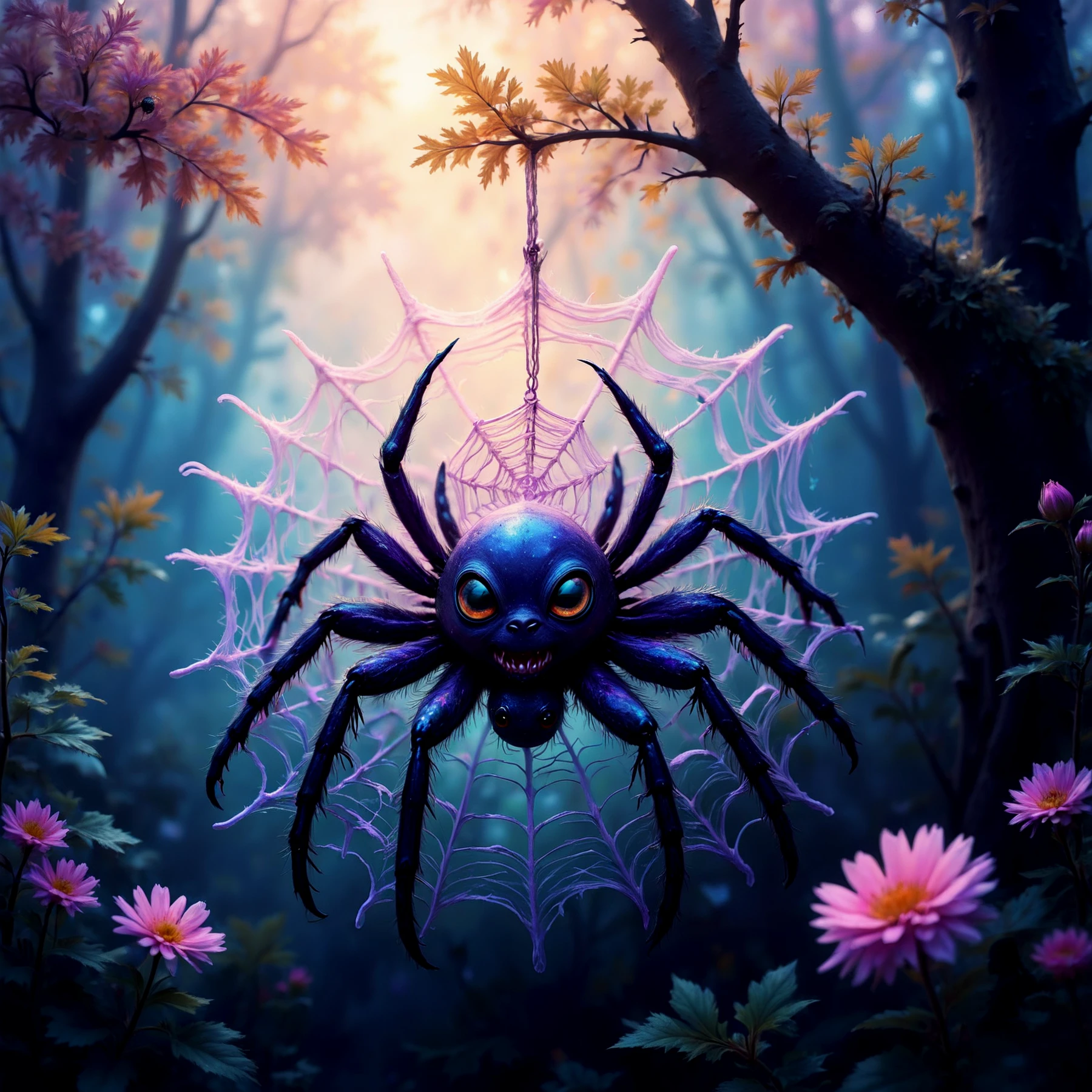 A dark pastel luminous chibi spider in a web on a tree.

Fantasy dreamlike art.

<lora:FantasyPastel01-04_CE_SDXL_64x32x180x2bOT:1>
FntsyPstlCE style