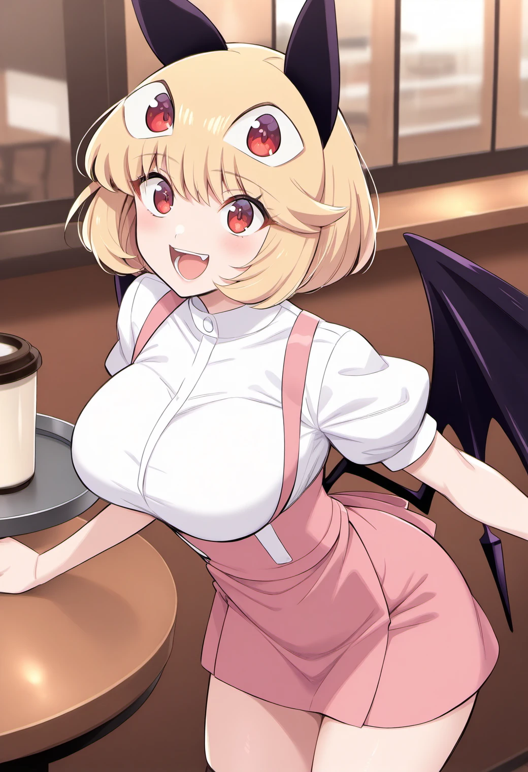 1girl, solo, smile, open mouth, cafe, cowboy shot, large breasts, dynamic pose, 
zakodebby, red eyes, blonde hair, short hair, animal ears, waitress, white shirt, puffy sleeves, short sleeves, pink skirt, suspender skirt, wings, <lora:debby_the_corsifa_sdxl_ver1:0.8>, masterpiece, best quality, ultra-detailed, very aesthetic, newest,