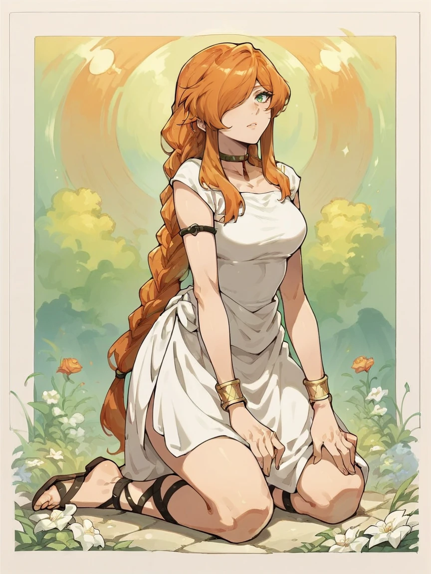 score_9, score_8_up, score_7_up, score_6_up, score_5_up, <lora:flammeXLP:0.9> flamme, 1girl, long hair, solo, braid, orange hair, hair over one eye, white dress, choker, sandals, green eyes, bracelet, kneeling