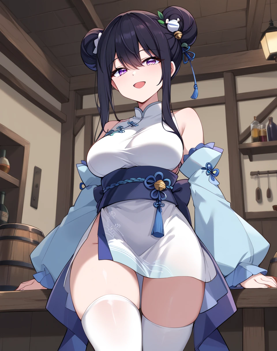 ning_yixue, black hair, long hair, purple eyes,hair bun, thighhighs, double bun,  breasts,  white thighhighs, detached sleeves, chinese clothes, bell, hair ornament, chinese white clothes BREAK  indoors, tavern BREAK looking at viewer, sexy face, sexy smile, open mouth, cowboy shot,  BREAK score_9, score_8_up, score_7_up, source_anime ,zPDXL, perfect hand,  <lora:Ning_Yixue:0.8>