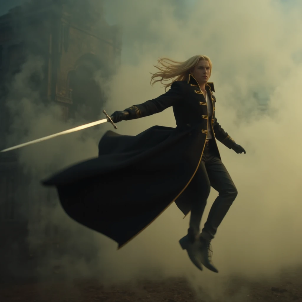 film scene from Denis Villeneuve. Cinematography.  <lora:alucard_v1:1.4> Alucard leaps into action, his sword flashing as he cuts through the mist, his blonde hair streaming behind him, and his coat, adorned with gold trim, swirling in the dim light of dawn