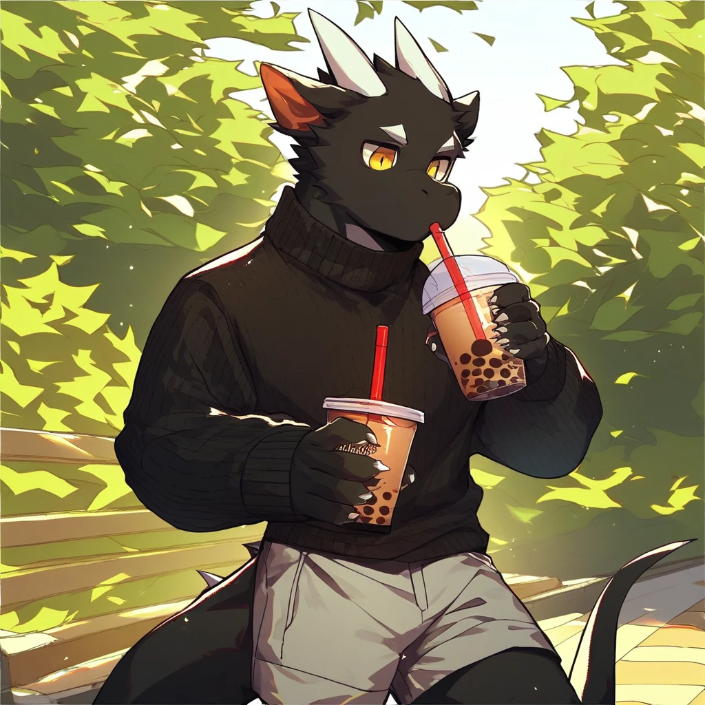 score_9_up, score_8_up, score_7_up, source_furry, mikus-style, black dragon, black body, white horns, yellow eyes, park, holding, bubble tea, black sweater, gray shorts, 1boy, solo