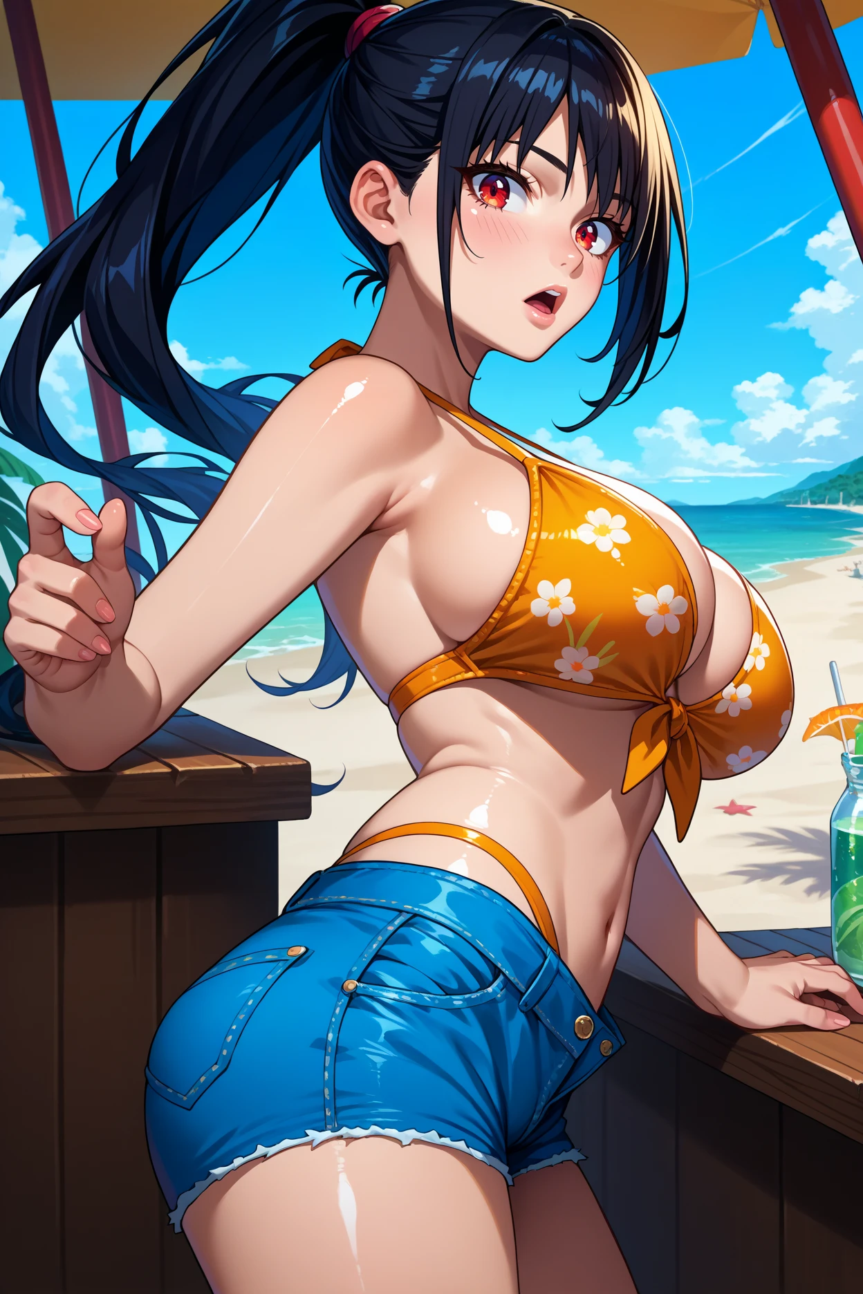score_9, score_8_up, score_7_up, score_6_up, source_anime, 1girl, solo, <lora:clairekagenou-pdxl-nvwls-v1-000005:1> kagenouclaire, black hair, high ponytail, red eyes, yellow bikini, front-tie bikini, denim shorts, shiny skin, blush, large breasts, looking at you, chestnut mouth, from side, beach, blue sky