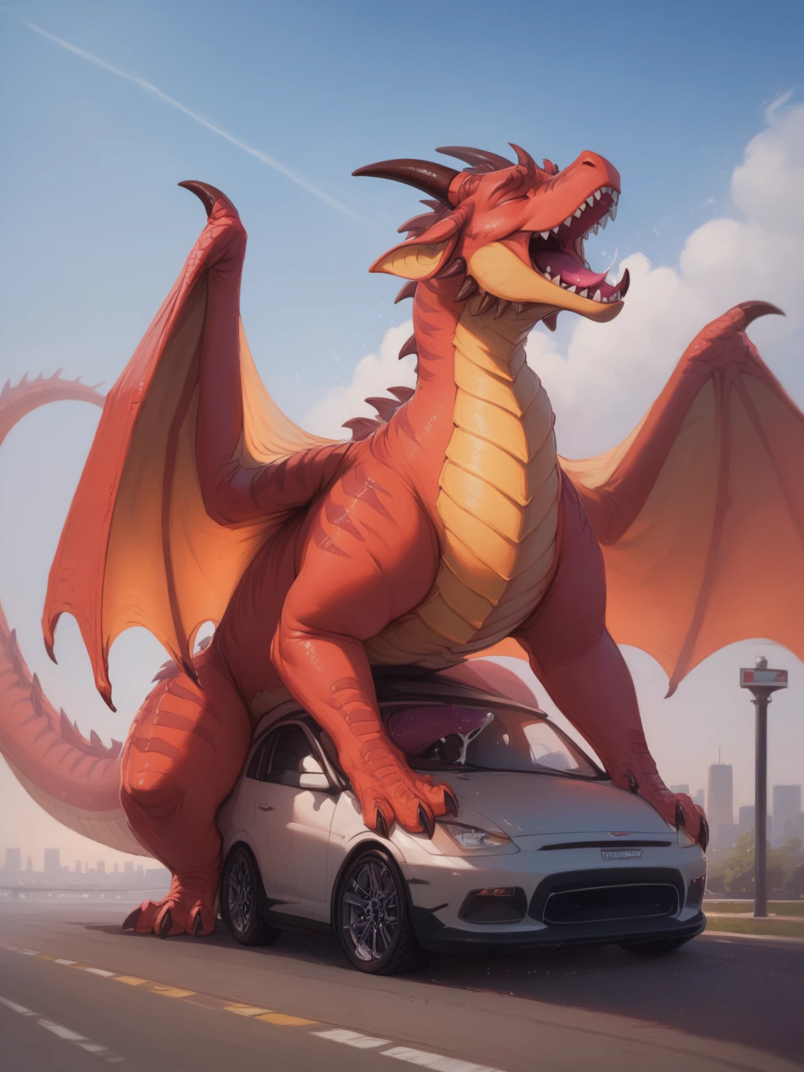 score_9, score_8_up, score_8, (dragon), feral, male, solo, scales, stripes, horn, wings, eyes, digital painting, flat color, soft lighting, rugged appearance, scruffy, dragon penis, looking pleasured, sitting, outside, chubby, excessive cum, (dragons fucking cars, vehicle penetrated, sports car), mounting, penetrating, sports car, close up, city, <lora:princess_xl_v2:1>, <lora:Smooth Anime Style LoRA XL:1>,  <lora:LoraDfcBYXL_bydragonsfuckingcars:1>