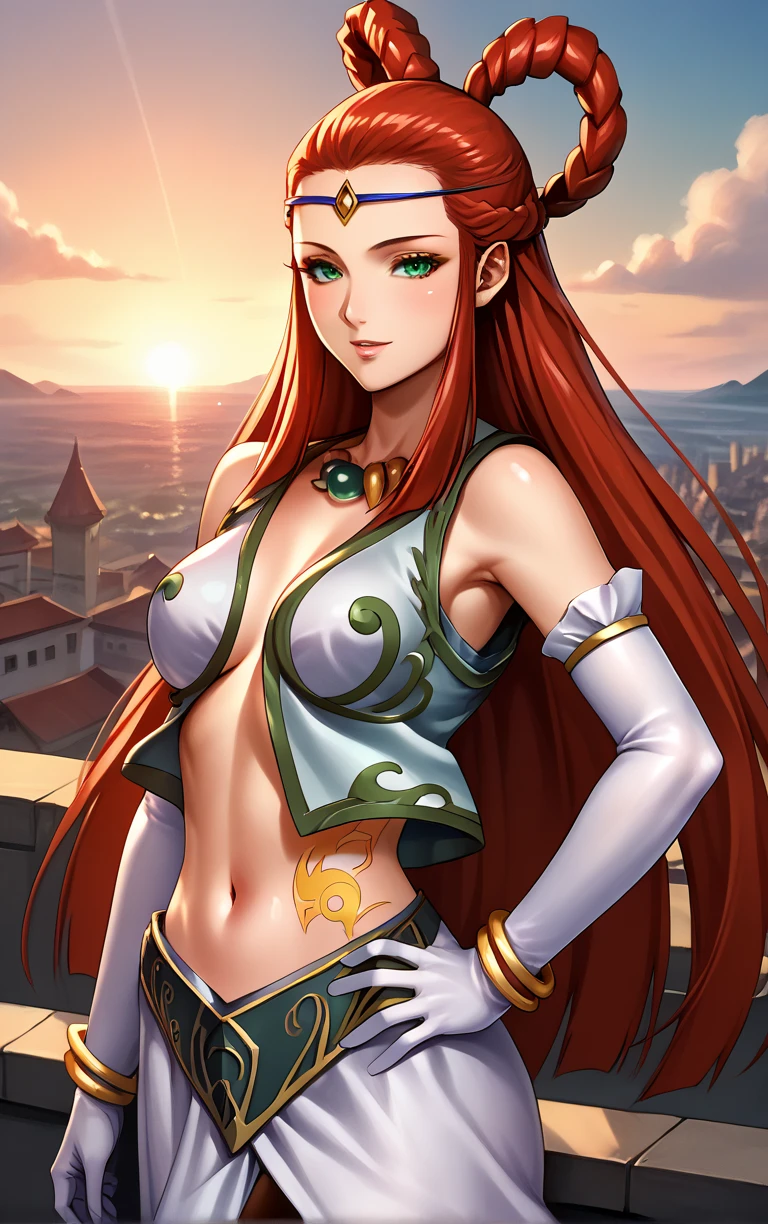 score_9, score_8_up, score_7_up, looking at viewer,  BREAK
GAME_YuGiOh_Otohime_ownwaifu, hagoromo,  
1girl, circlet, green eyes, hair pulled back, long hair, red hair, straight hair, hair rings, braid, necklace, tattoo, hair ornament, medium breasts, multiple braids,
belt, crop top, elbow gloves, gem, gold trim, jewelry, midriff, navel, ornate clothes, purple gloves, revealing clothes, sleeveless shirt, bracelet, skirt, center opening, bare shoulders, dress,
(contrapposto, hand on hip), sunset, sidelighting, cityscape, outdoors, <lora:PONYXL_YuGiOh_Otohime_ownwaifu:1> , depth of field, solo,