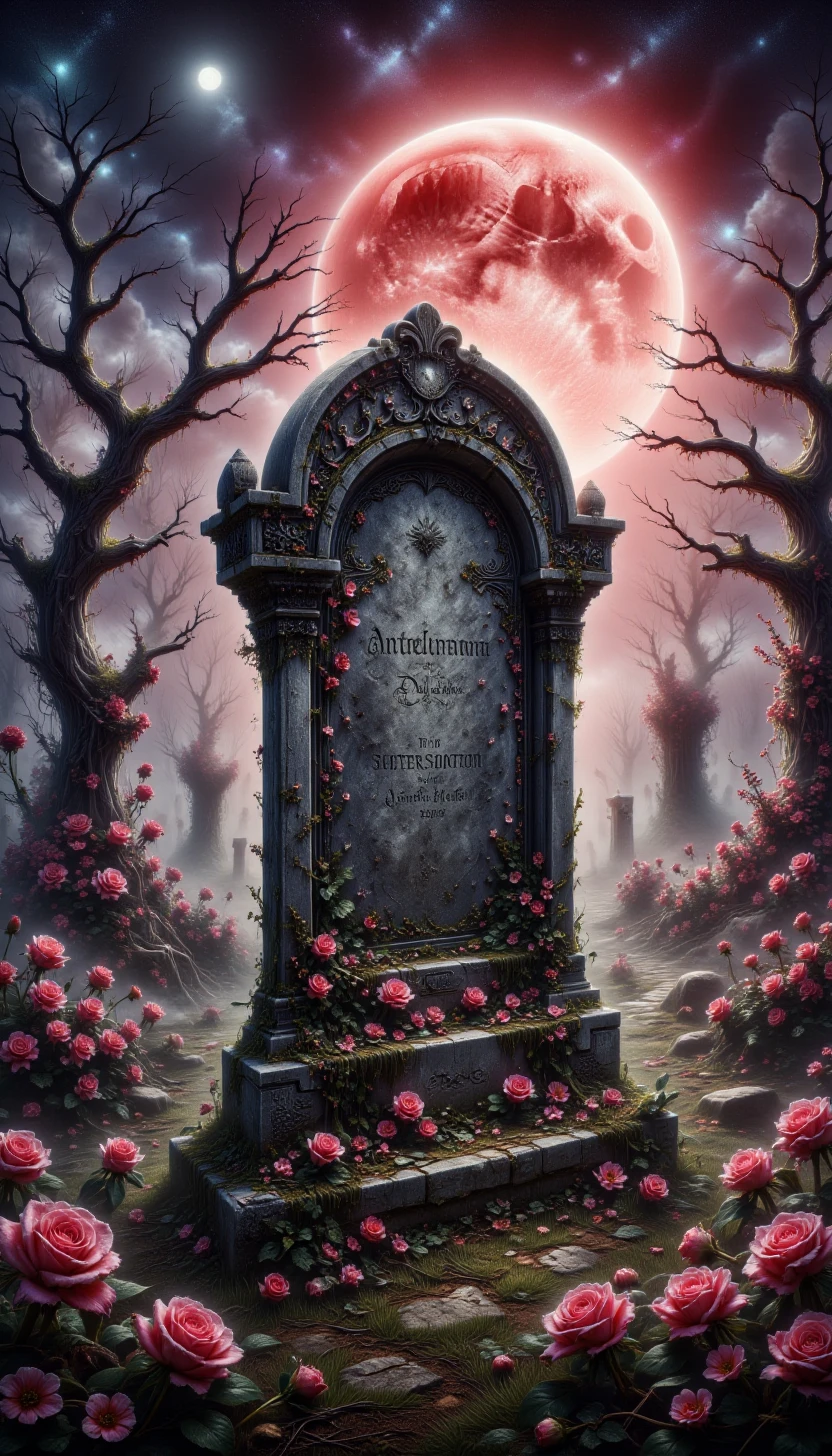 pinkgloomydoomy, A lone gravestone in an overgrown graveyard, surrounded by wilted flowers under a blood-red moon