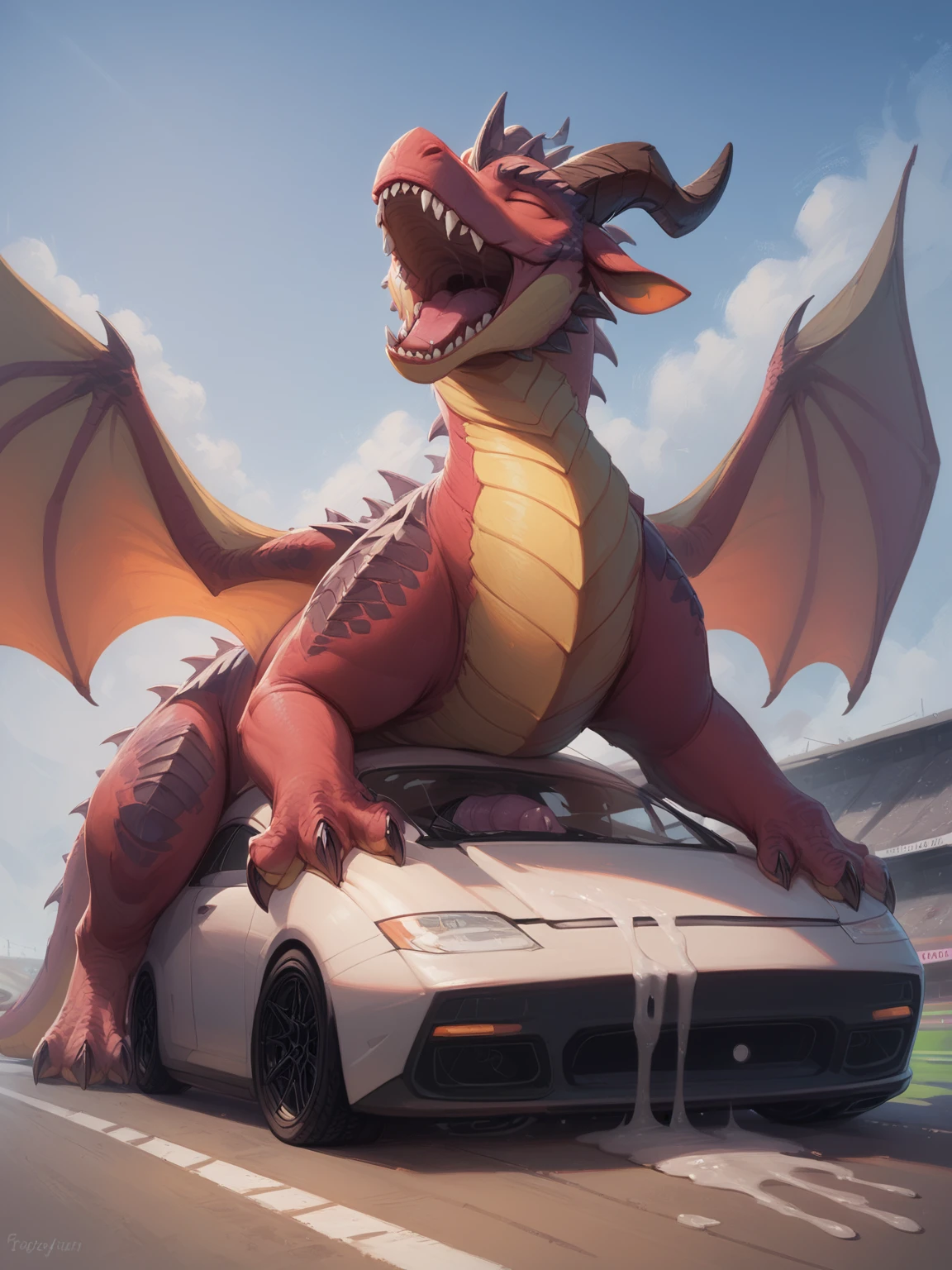 score_9, score_8_up, score_8, (dragon), feral, male, solo, black scales, horn, wings, eyes, digital painting, flat color, soft lighting, equine penis, looking pleasured, sitting, outside, chubby, excessive cum, dragons fucking cars, sports car, racetrack, vehicle destruction,  doggystyle, claw marks, <lora:princess_xl_v2:1>, <lora:Smooth Anime Style LoRA XL:1>,  <lora:LoraDfcBYXL_bydragonsfuckingcars:1>