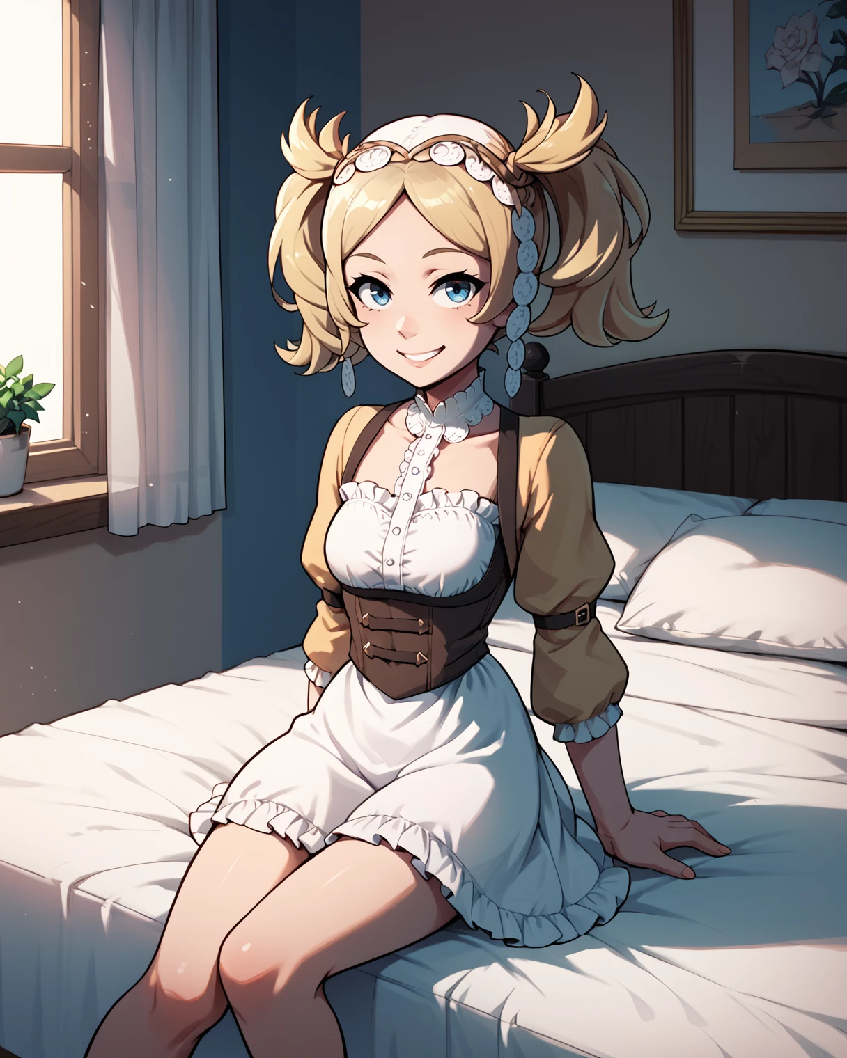 score_9, score_8_up, score_7_up, score_6_up, score_5_up, score_4_up,  <lora:Lissa_Liz_FE_Pony:0.8> lisa_fe, 1girl, blonde hair, twintails, blue eyes, bedroom, sitting on bed, gently smile, dress