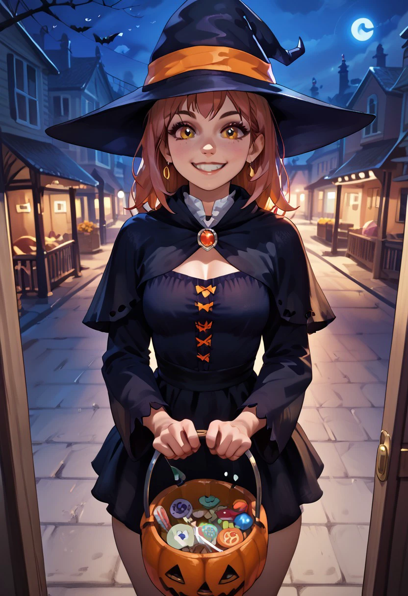 score_9, score_8_up, score_7_up, detailed face, detailed eyes, 4k, masterpiece, 1girl, solo, tr1ck0rtr3at, holding, halloween bucket, doorway, door, street background, halloween costume, witch, candies, night, halloween, smile, pov,